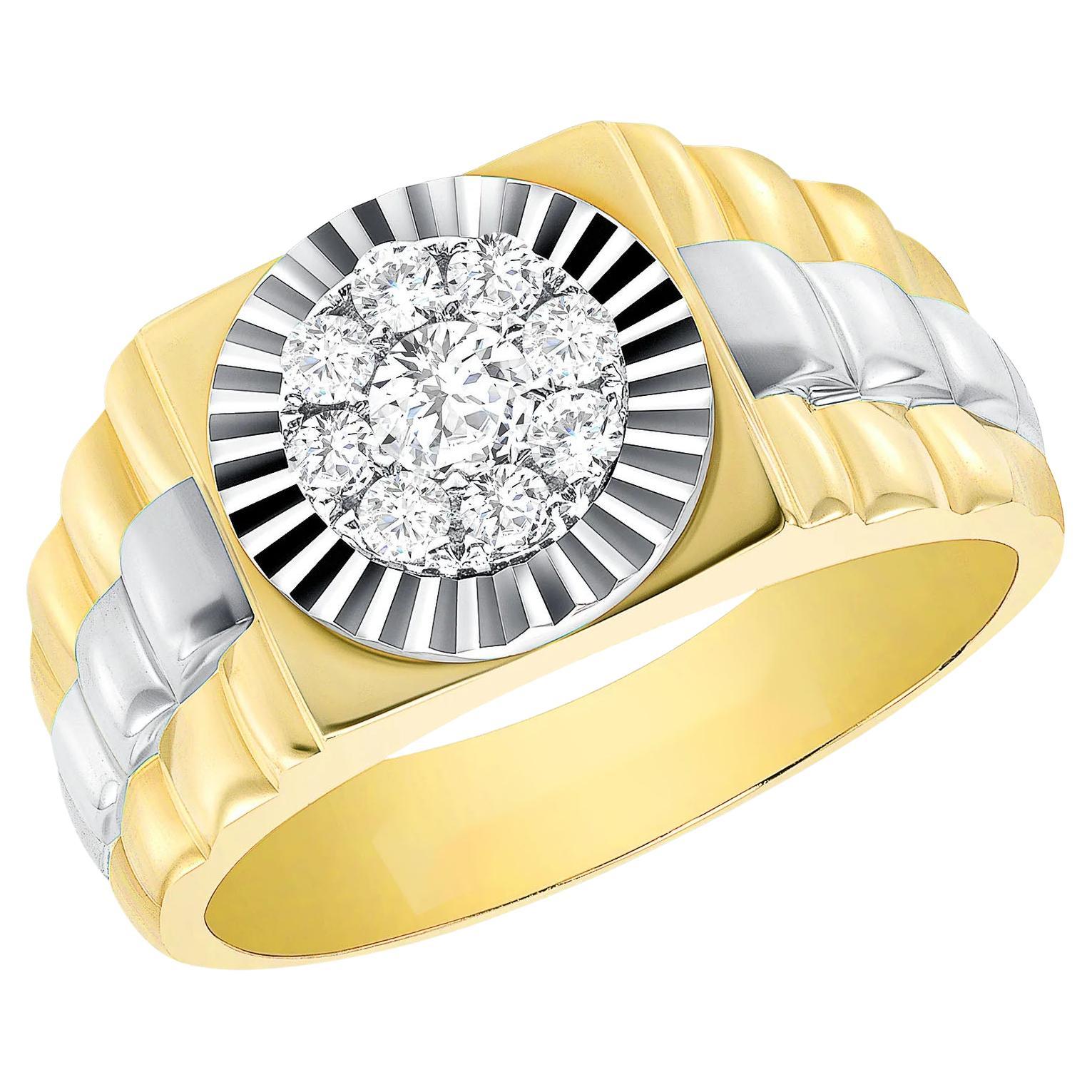 Im Angebot: Zweifarbiger Herren-Cluster-Ring mit geriffelter Lünette und rundem Diamanten ()