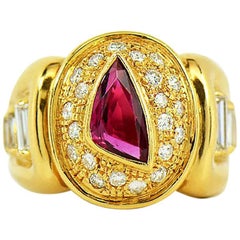 Vintage Men's Ruby and Diamond Ring, 18 Karat Yellow Gold with GIA Ruby Report