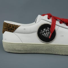 Men's SAINT LAURENT 11 White & Leopard Leather Court Classic Diamond Patch Sneak