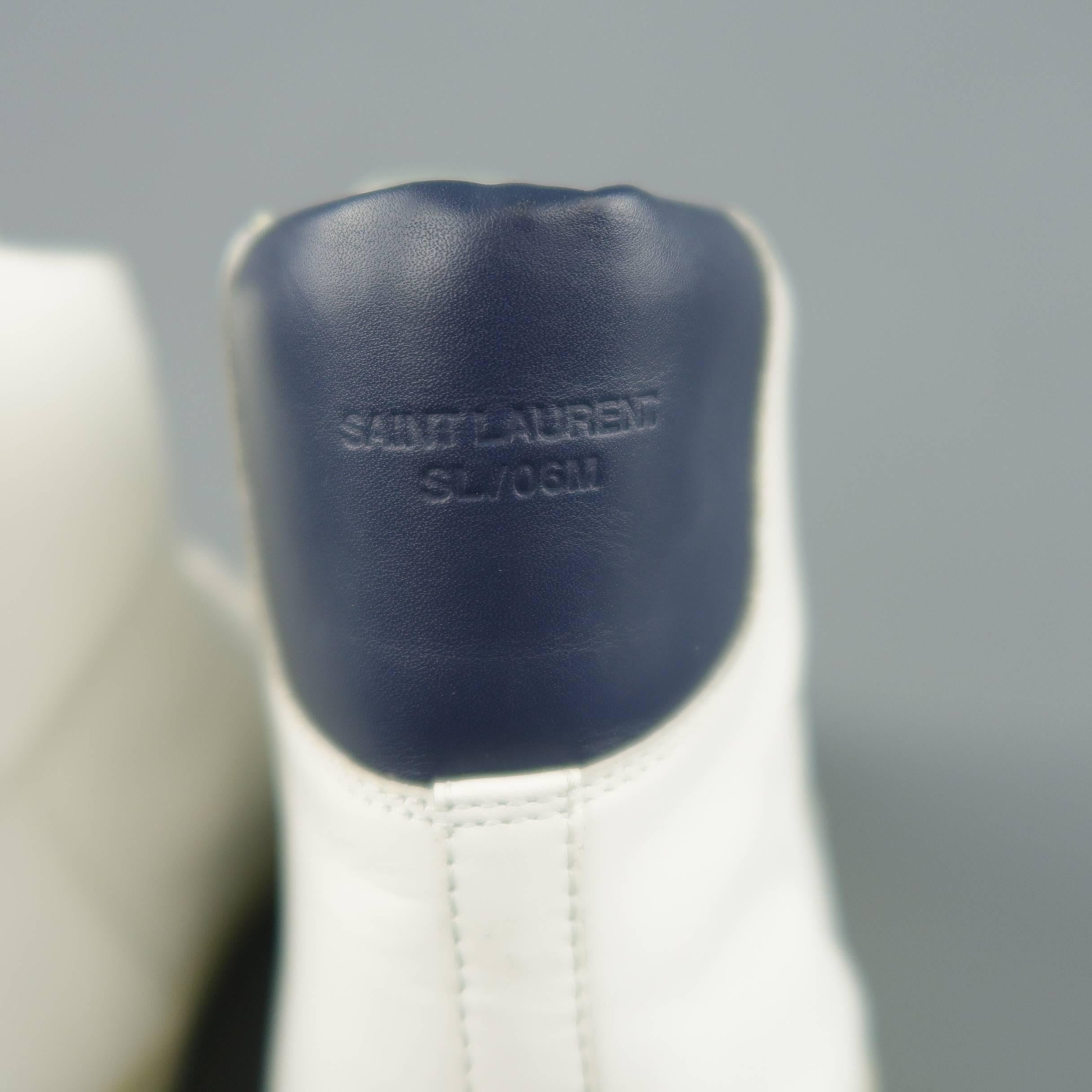 Men's SAINT LAURENT Size 10 White & Navy Leather SL/06 High Top Sneakers In Fair Condition In San Francisco, CA