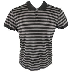 Men's SAINT LAURENT Size M Grey & Black Striped Pique YSL POLO