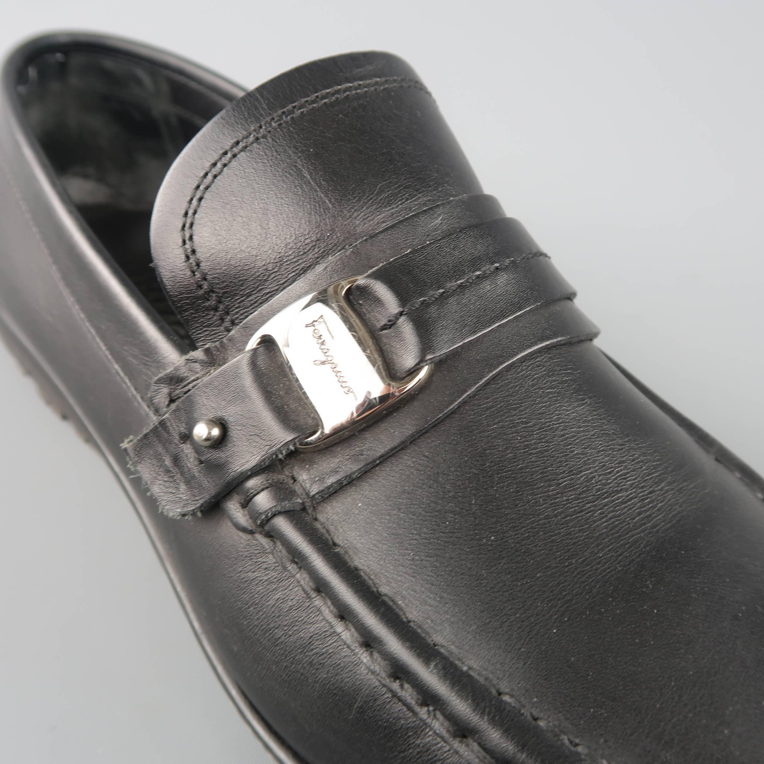 Men's SALVATORE FERRAGAMO Size 11 Black Leather Embossed Strap Driver Loafers 1