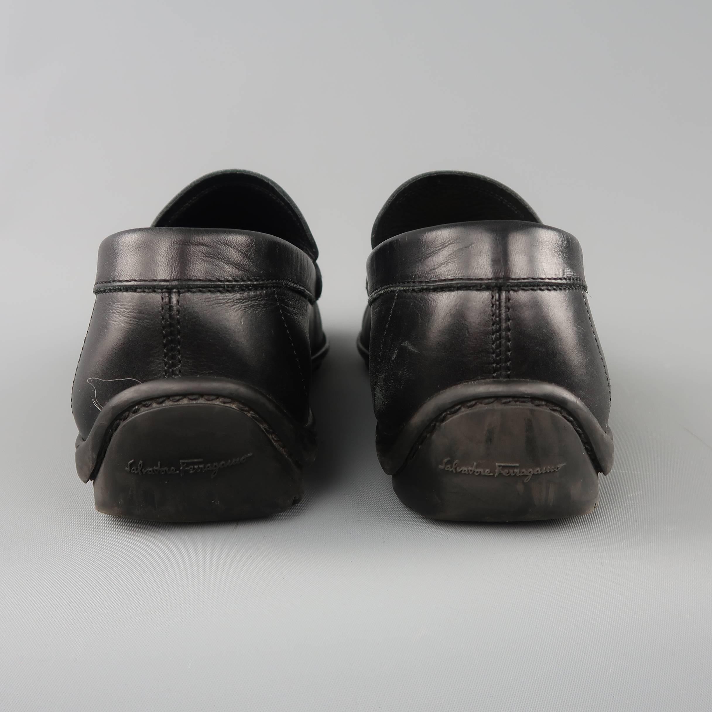 Men's SALVATORE FERRAGAMO Size 11 Black Leather Embossed Strap Driver Loafers 2