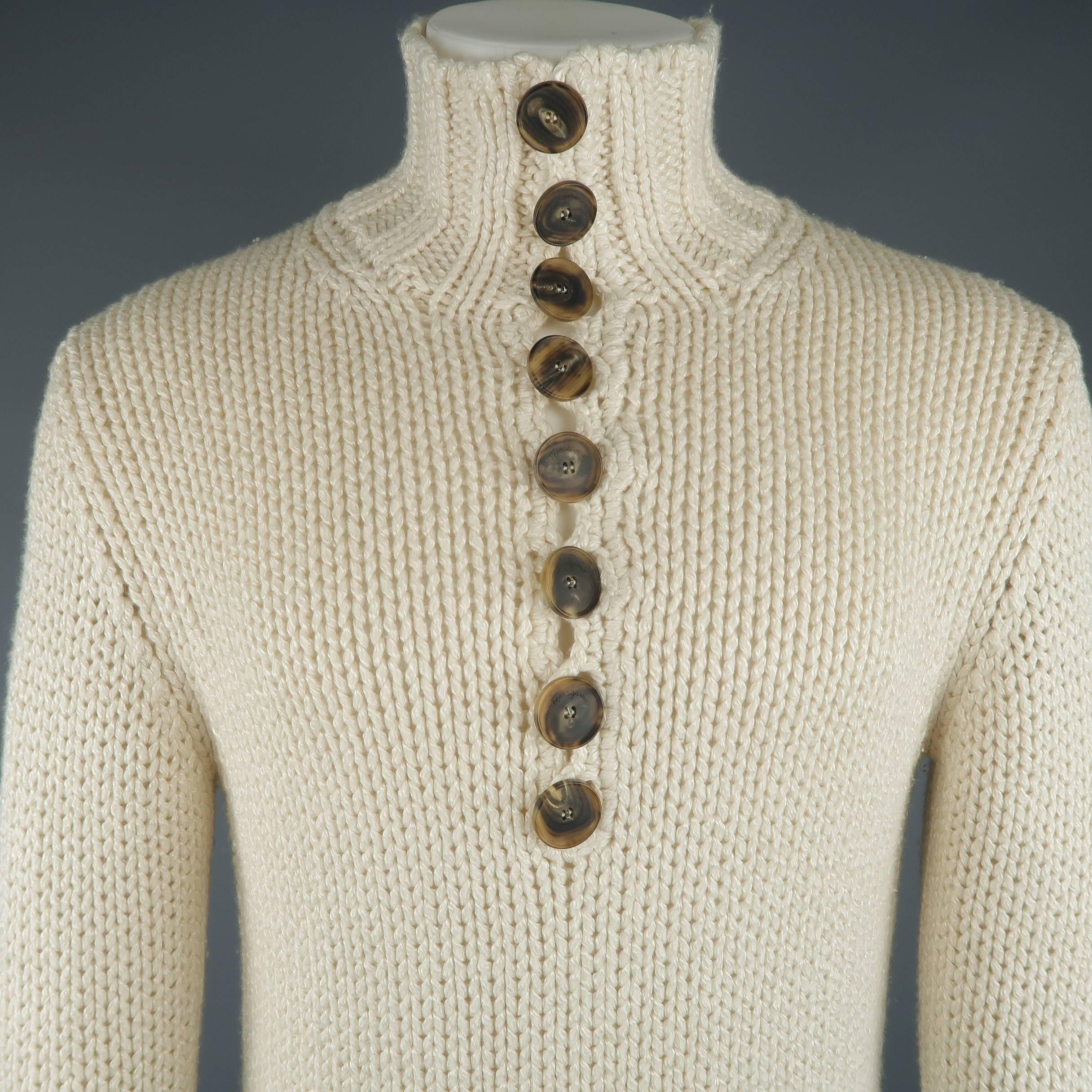 Men's Salvatore Ferragamo Beige Knitted Silk / Cashmere Half Button Sweater