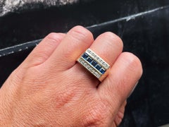 Mens Sapphire and Diamond Row Ring in 14k Yellow Gold