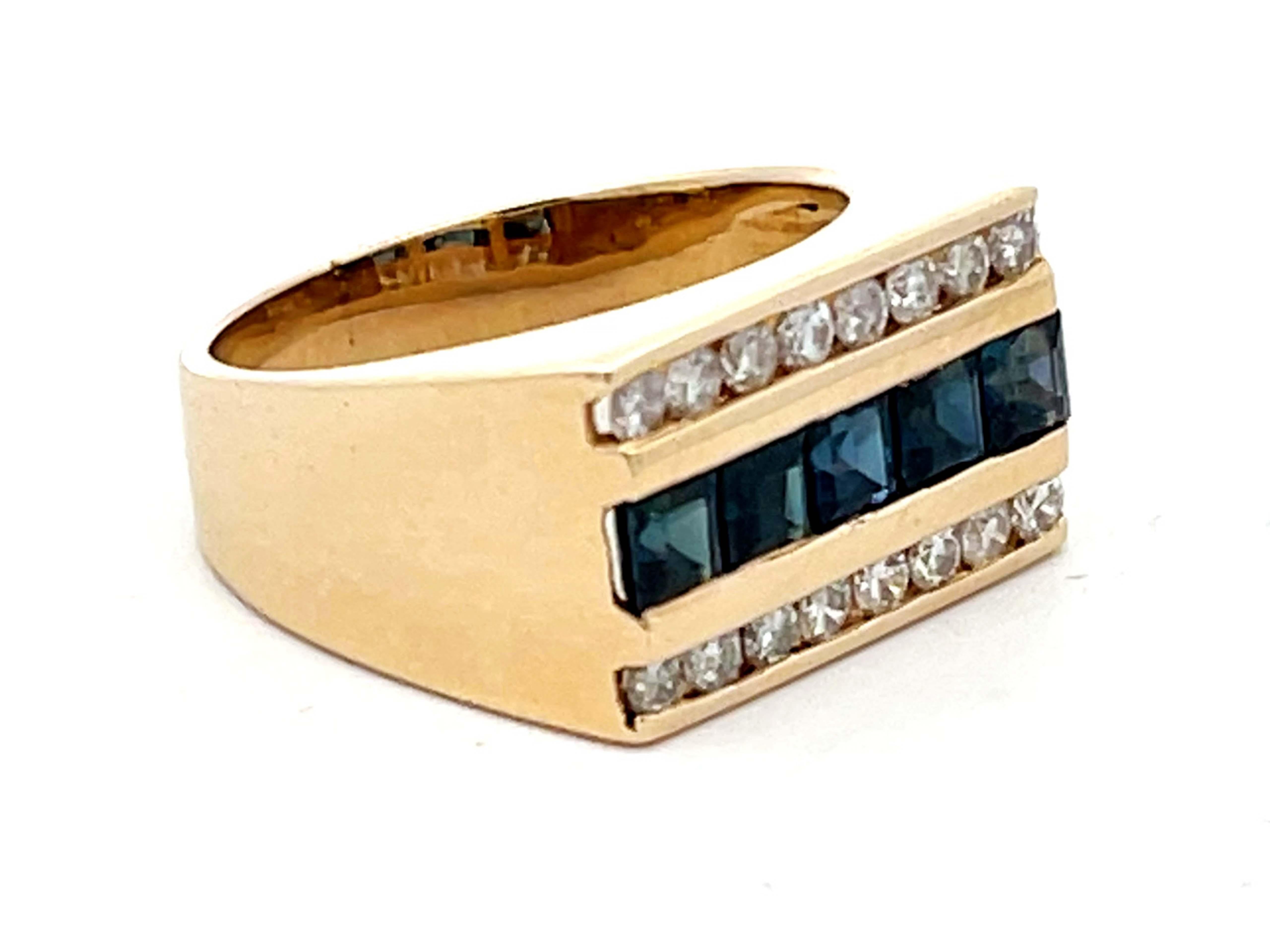 Retro Mens Sapphire and Diamond Row Ring in 14k Yellow Gold For Sale