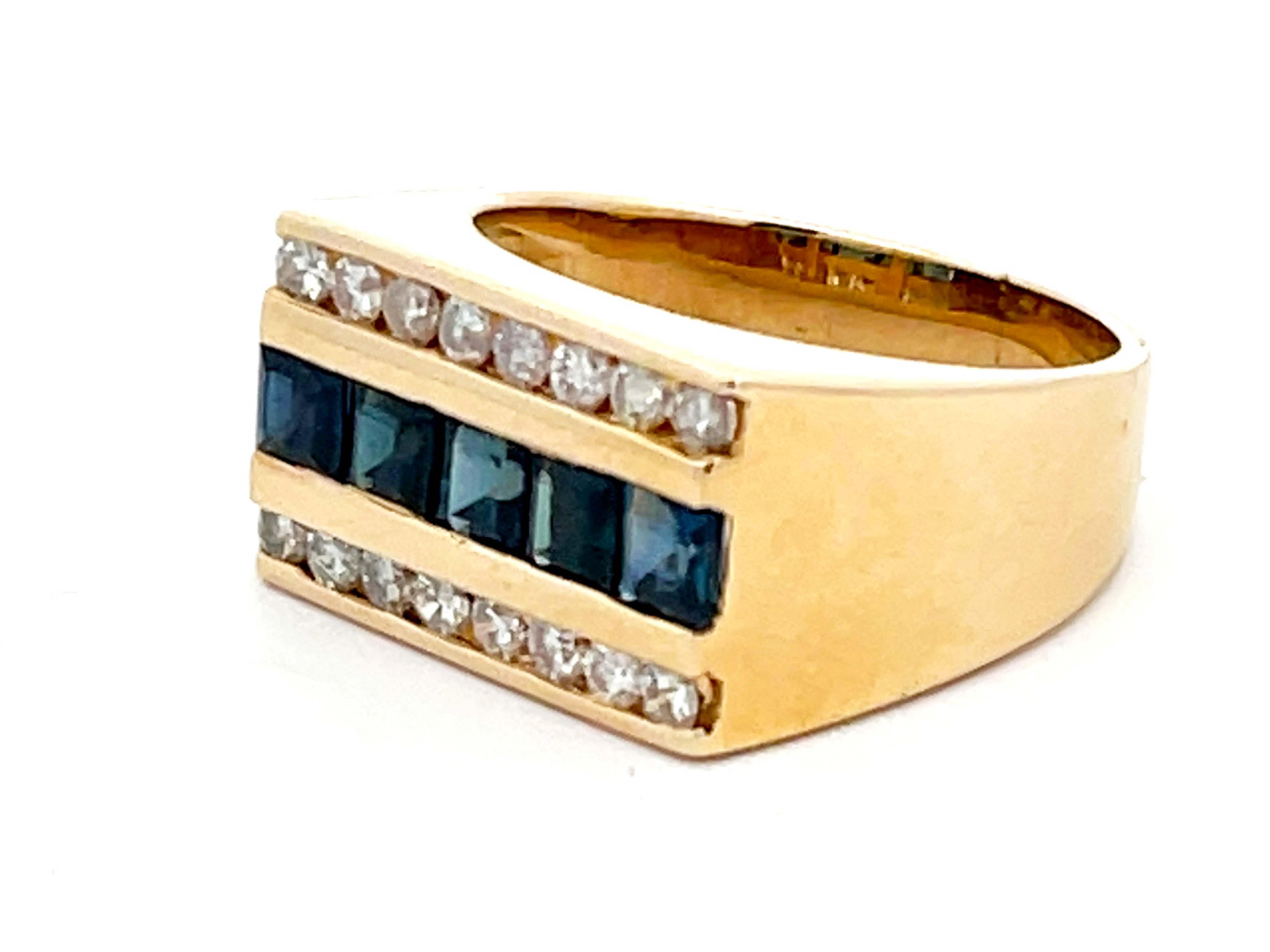Brilliant Cut Mens Sapphire and Diamond Row Ring in 14k Yellow Gold For Sale