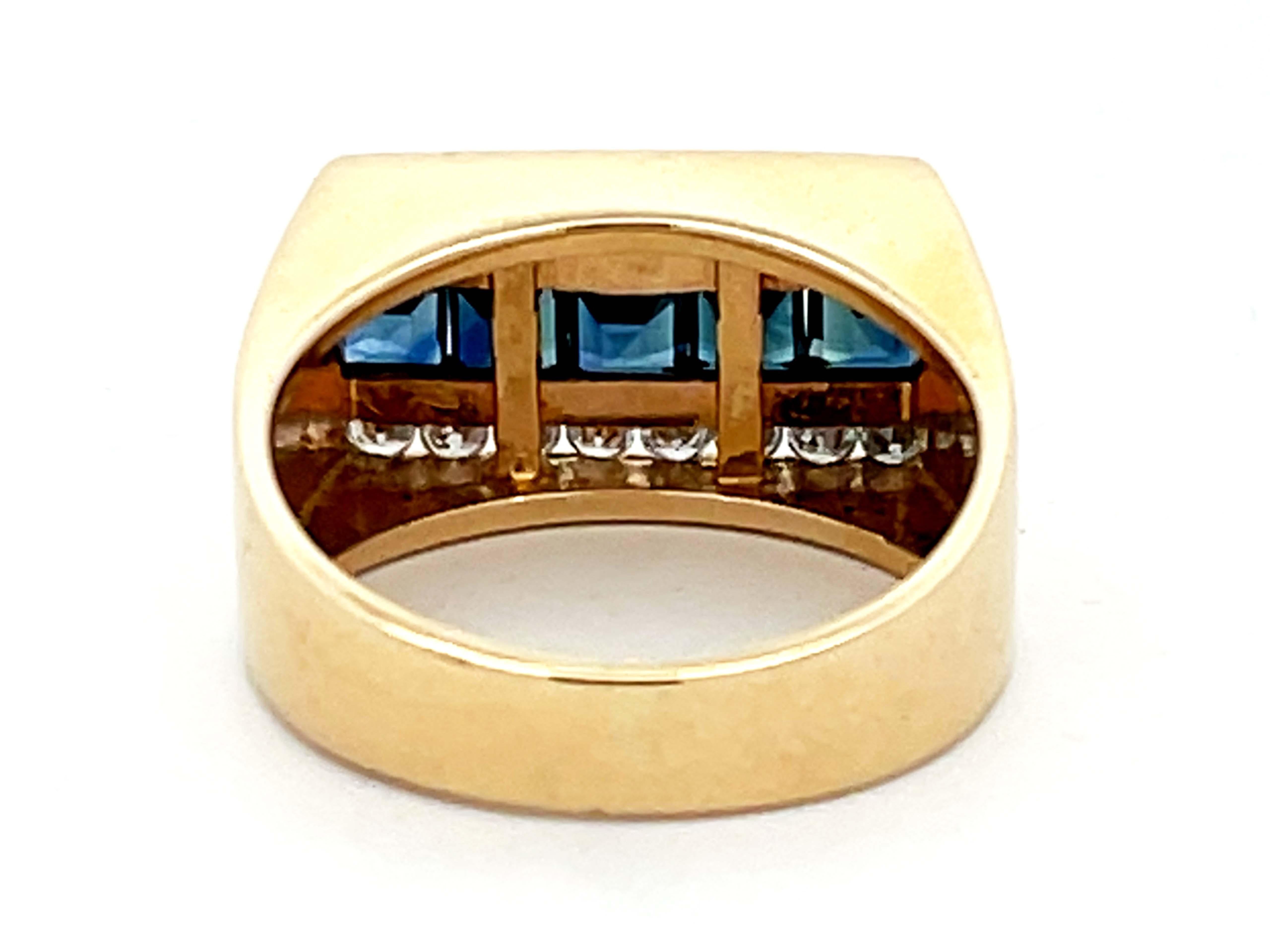 Mens Sapphire and Diamond Row Ring in 14k Yellow Gold For Sale 1