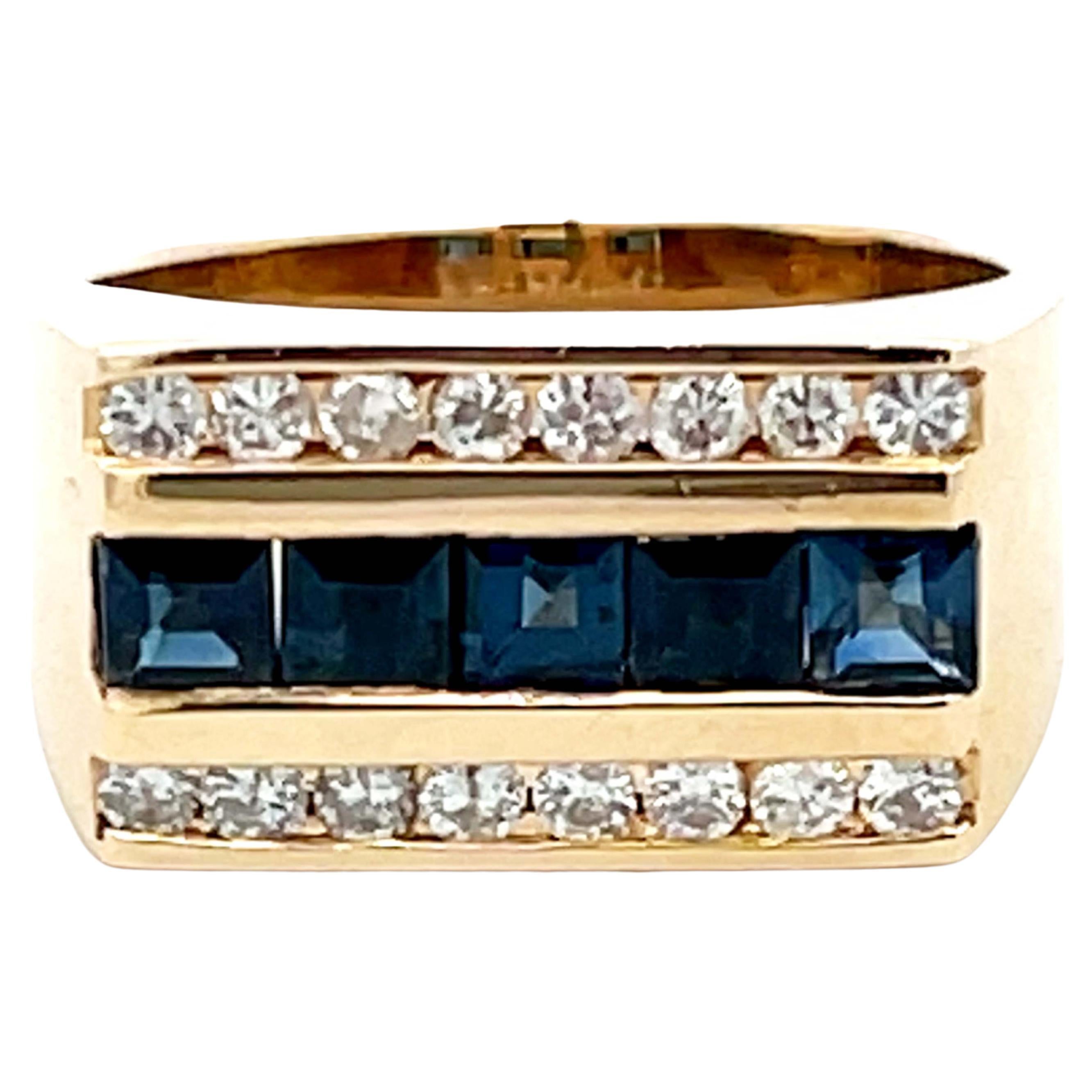 Mens Sapphire and Diamond Row Ring in 14k Yellow Gold For Sale