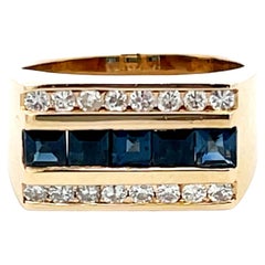 Vintage Mens Sapphire and Diamond Row Ring in 14k Yellow Gold