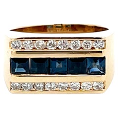 Mens Sapphire and Diamond Row Ring in 14k Yellow Gold