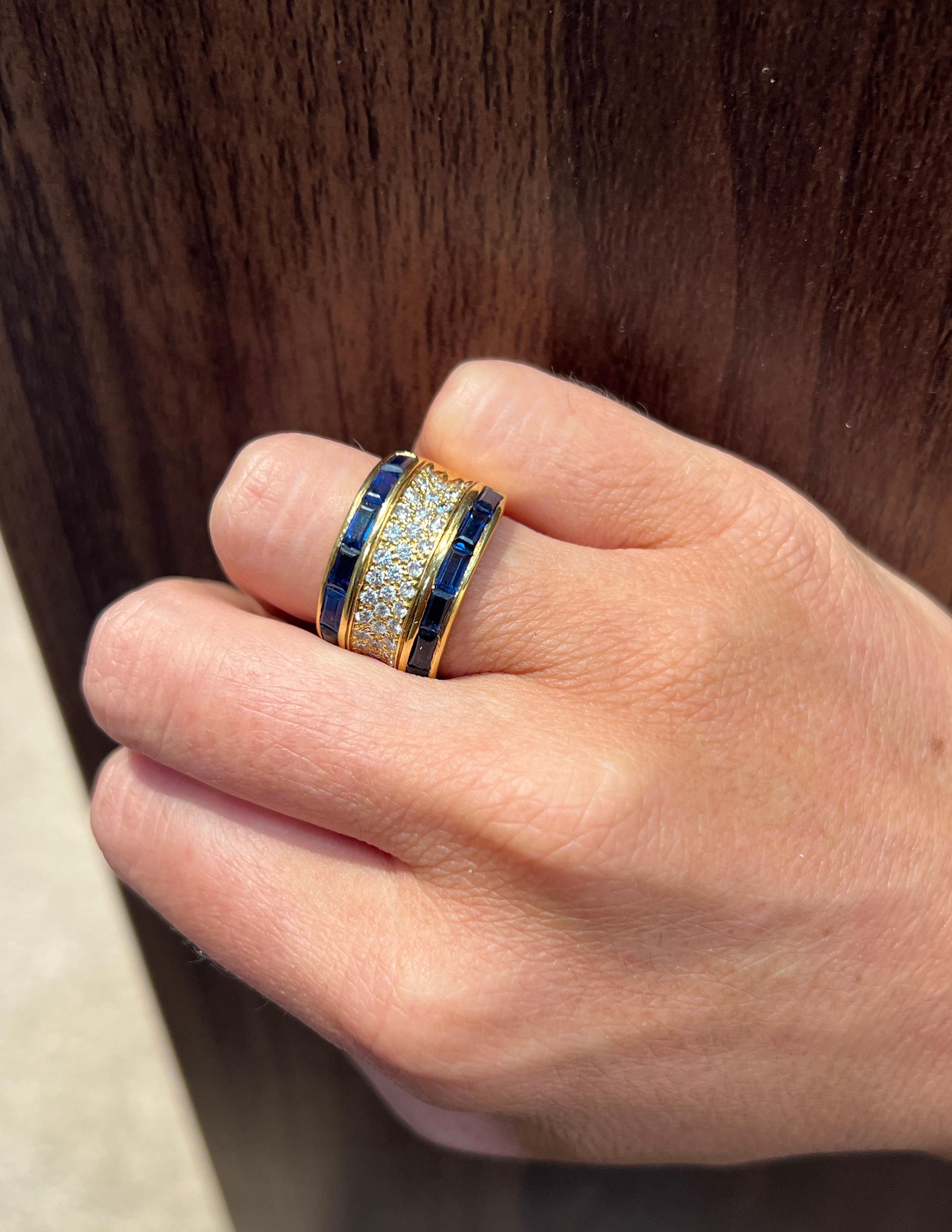 Men's Sapphire & Diamond Ring Band

A band featuring baguette cut sapphires & round cut diamonds.

Sapphire Weight: approximately 3.63 carats 
Diamond Weight: approximately .98 carats

Ring Size: 5.25 
Complimentary resizing 

Gram Weight: 10.4