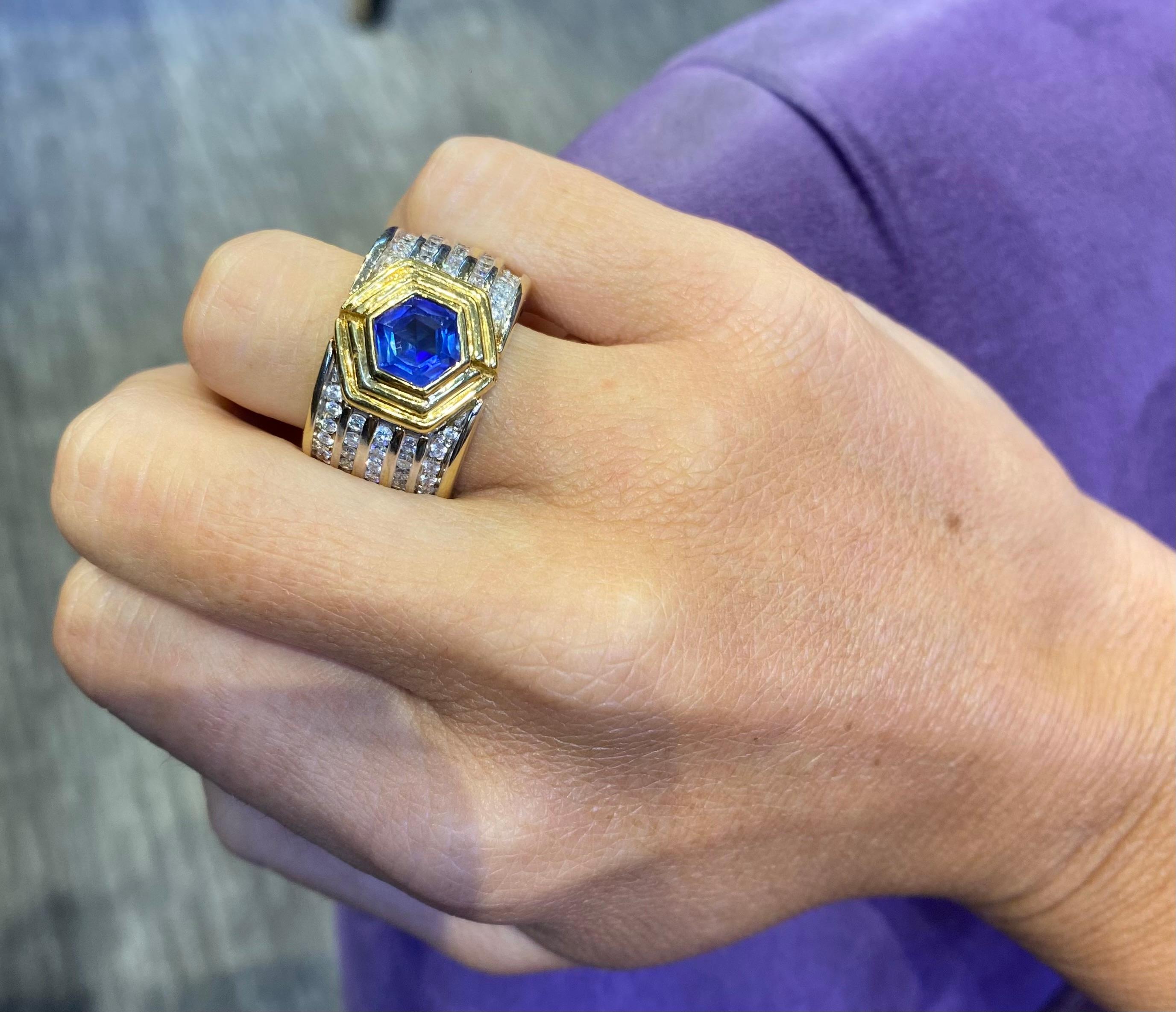 Hexagon Cut Men's Sapphire & Diamond Ring Band For Sale