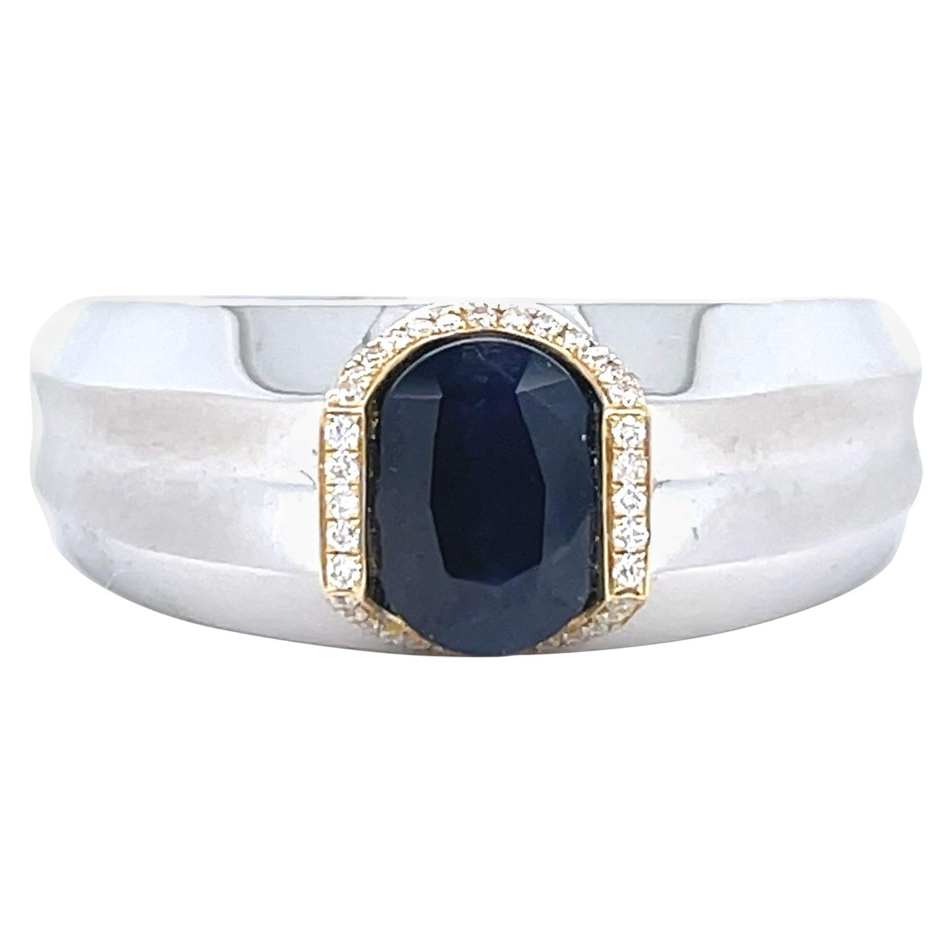 Anello da uomo in oro bicolore con zaffiro ovale e diamante 14KWY