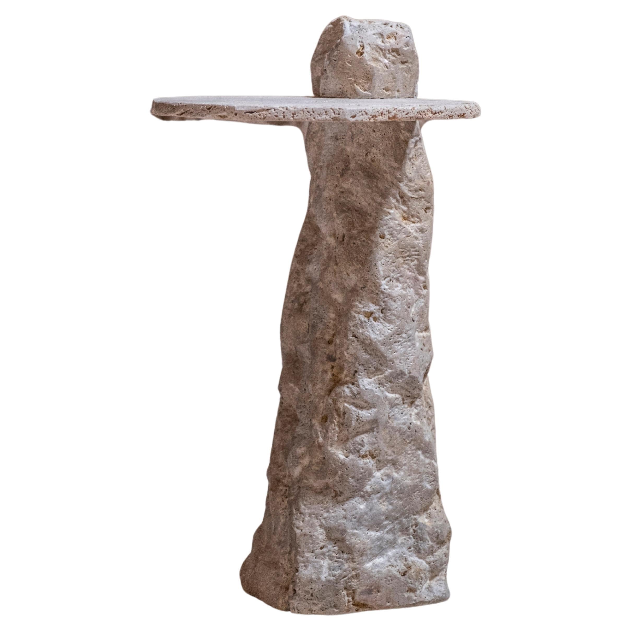 Rough Form Grey Travertine Side Table with Organic Hewn Base by Andres Monnier For Sale