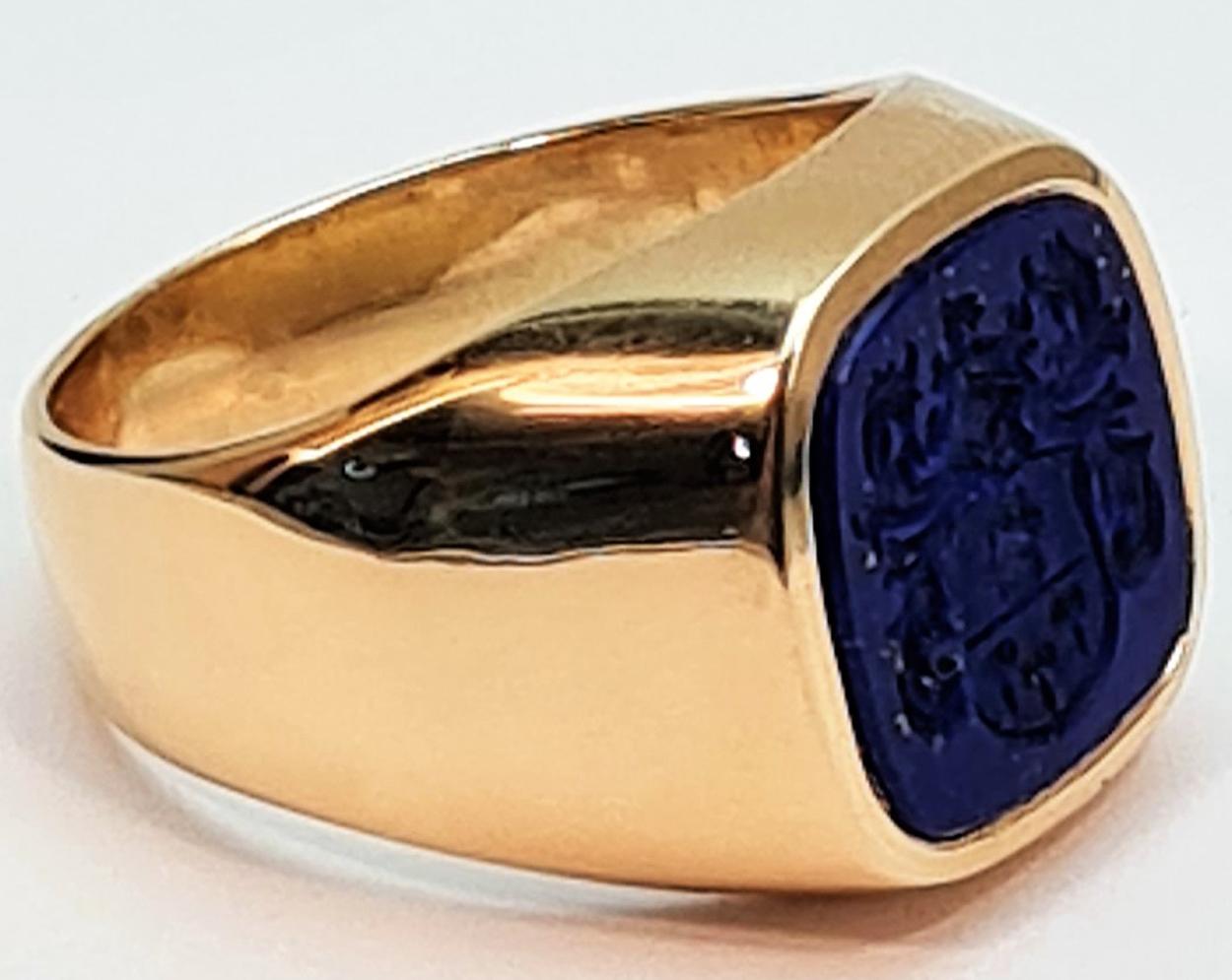 Uncut Men's Signet Ring 750 Gold Lapis Lazuli, Cut Seal of Nobility