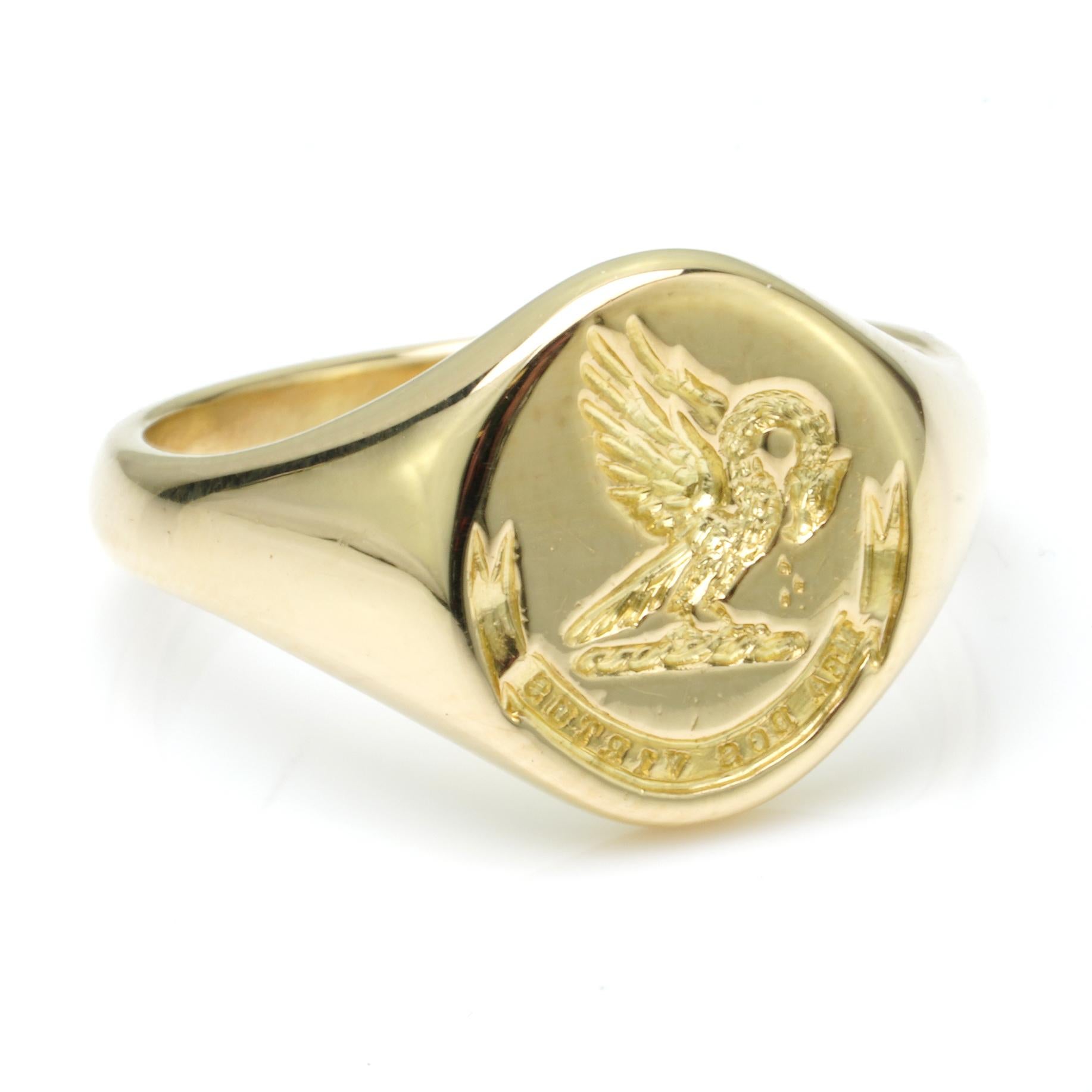 Women's or Men's 18t. yellow gold men's Signet Ring with Dragon and Latin Phrase Mea Dos Virtus