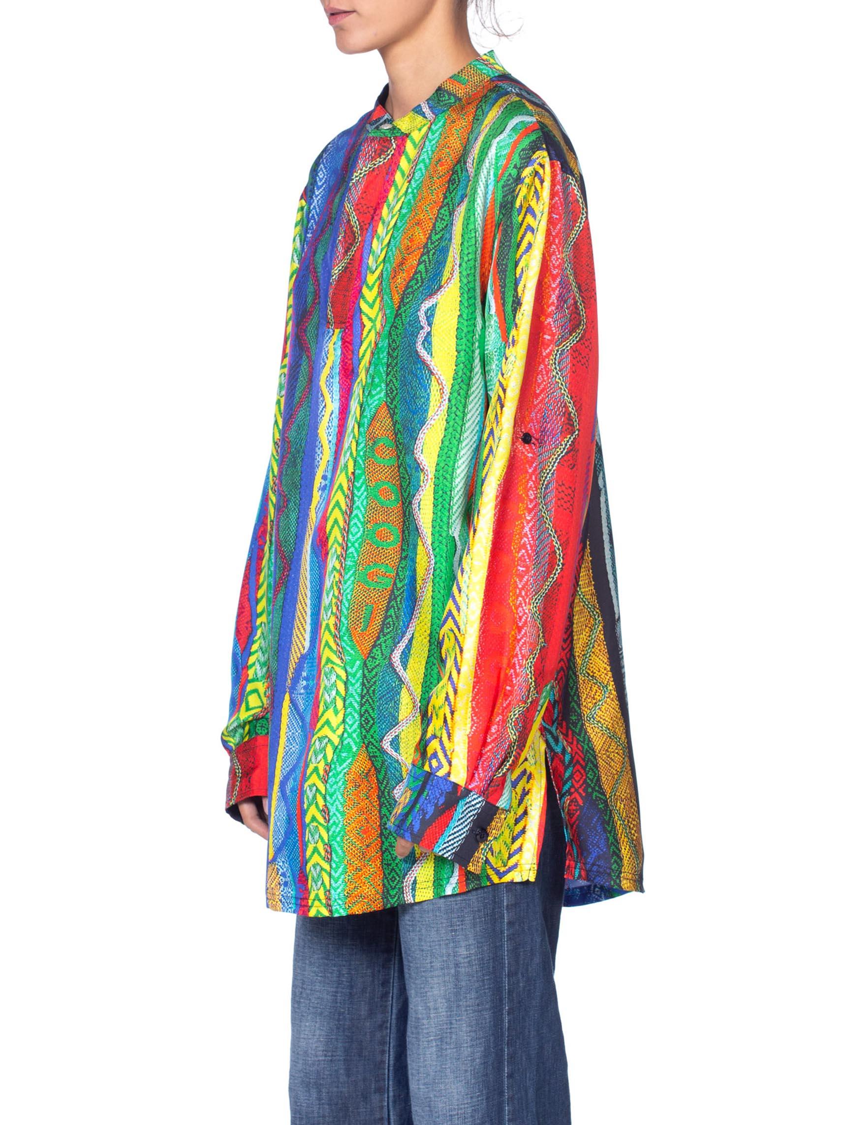 Blue 1990S COOGI Silk Men's Oversized Trompe L'oeil Knit Print Shirt