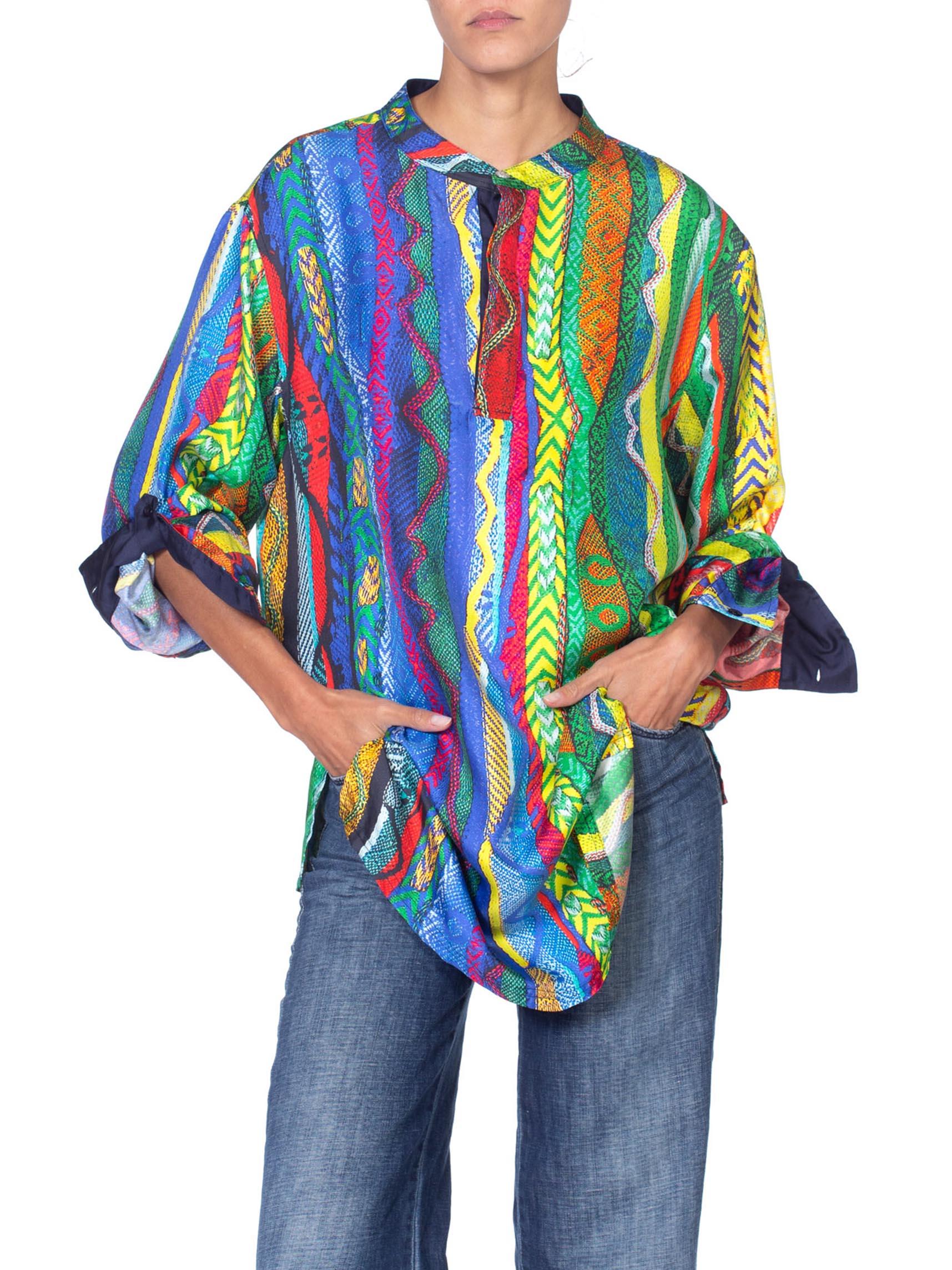 1990S COOGI Silk Men's Oversized Trompe L'oeil Knit Print Shirt 1