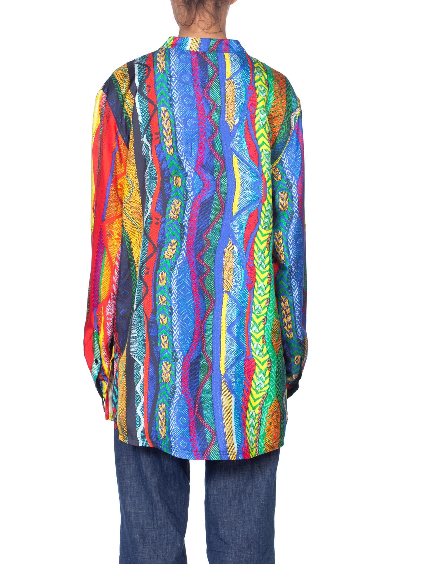 1990S COOGI Silk Men's Oversized Trompe L'oeil Knit Print Shirt 2
