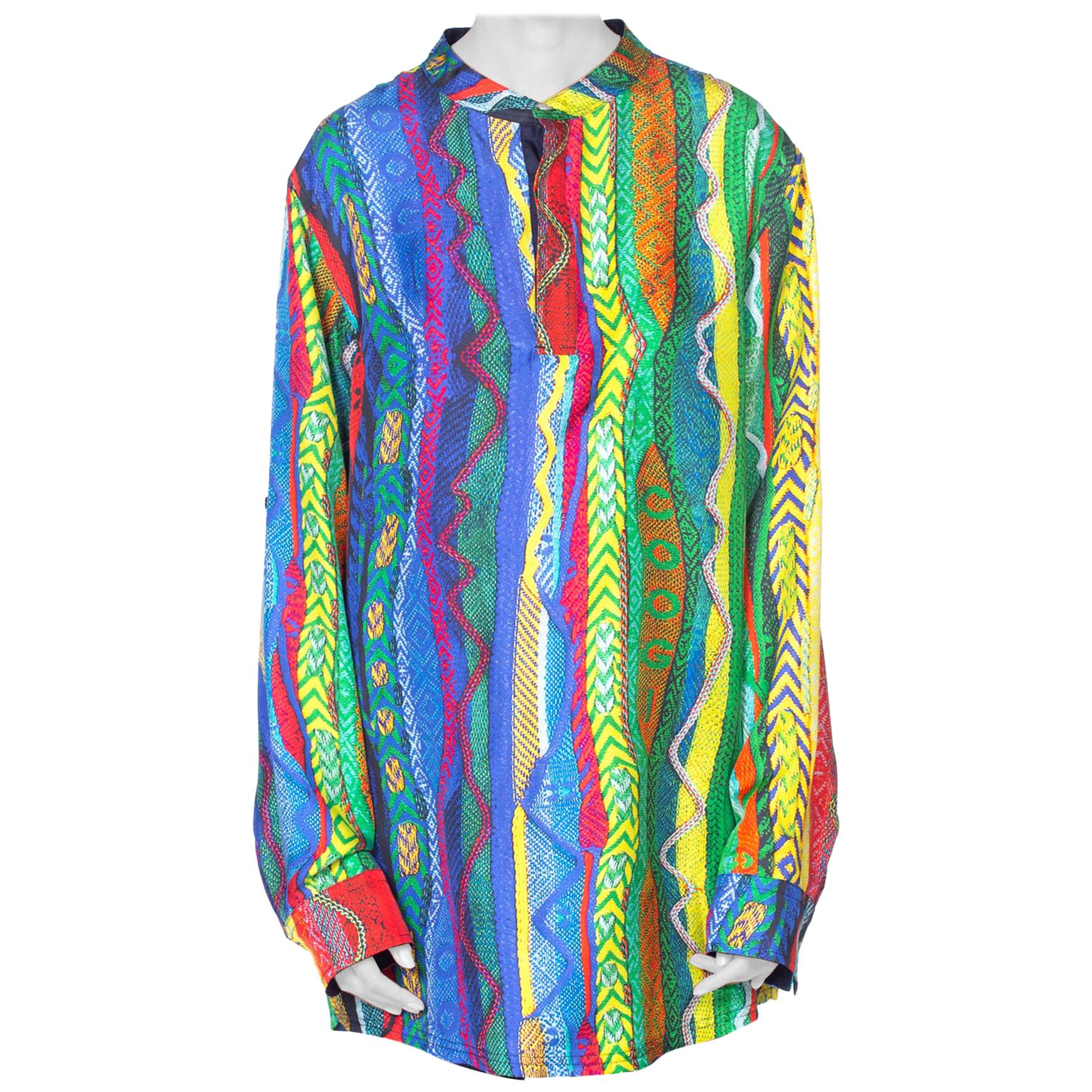 1990S COOGI Silk Men's Oversized Trompe L'oeil Knit Print Shirt