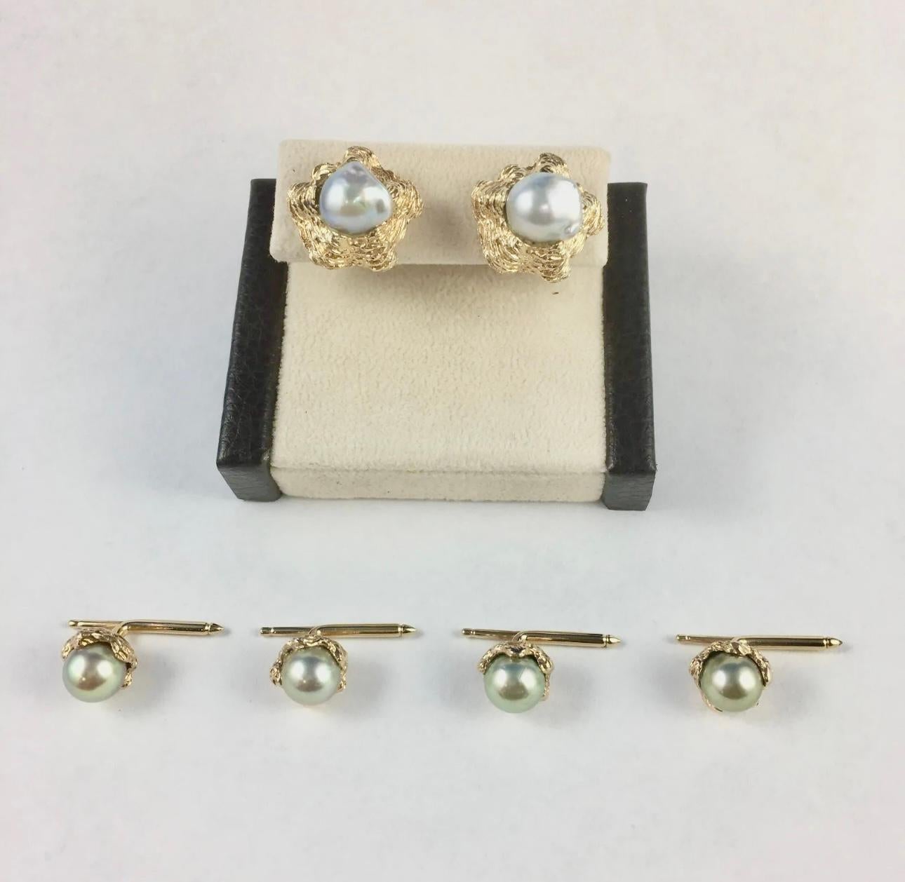Men's Silver/Grey Fresh Water Pearl & 14k Gold Tuxedo Cufflinks & Studs Set 
* Note Pearls are Baroque Shape*

Description / Condition: New.  All jewelry has been professionally scrutinized and cleaned prior to being offered for sale.
