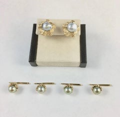 Men's Silver/Grey Fresh Water Pearl & 14k Gold Tuxedo Cufflinks & Studs Set