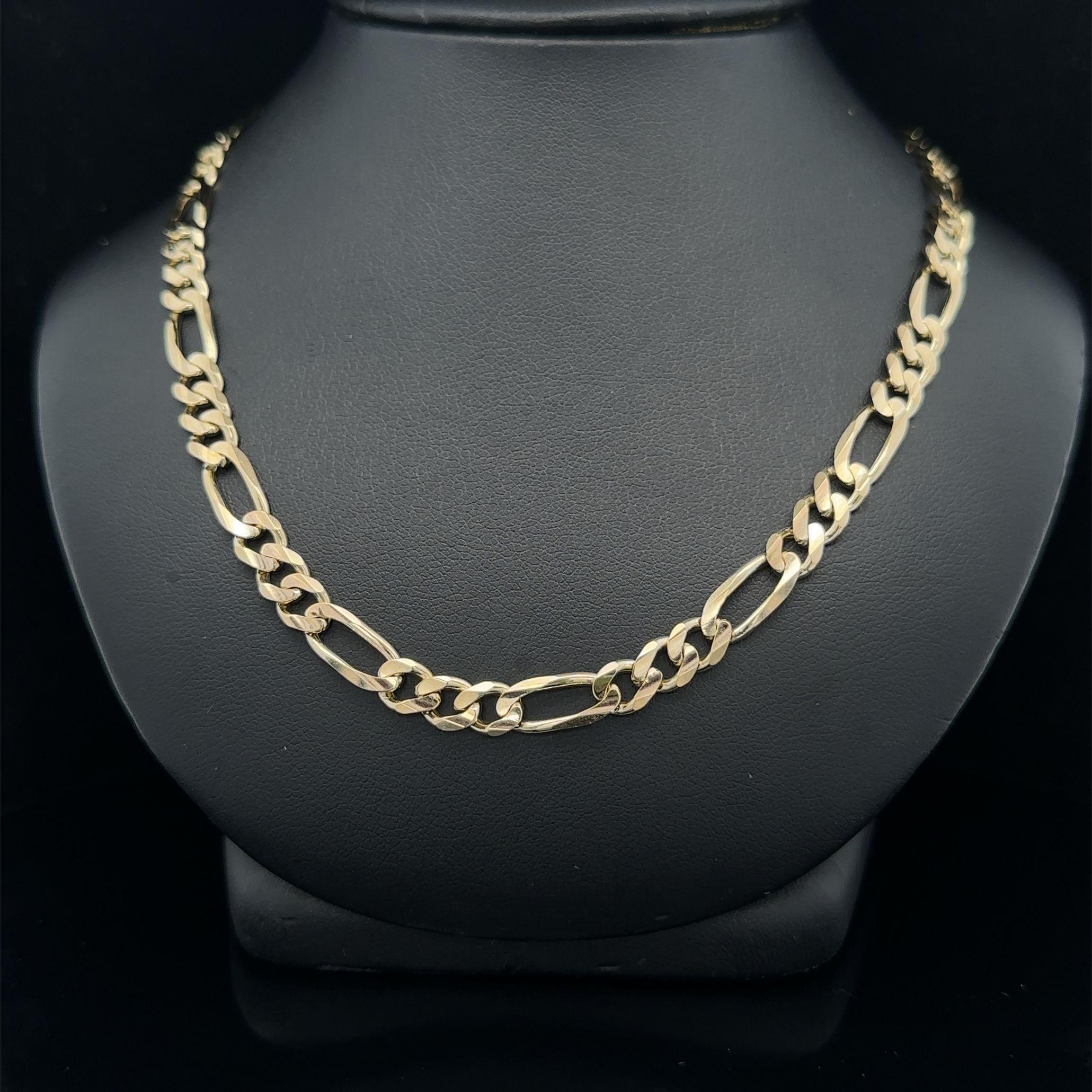 MATERIAL : Or jaune 14k massif
Poids : 29,61 grammes
Type de chaîne : Maillon Figaro
Longueur de la chaîne : 23 pouces
Largeur de la chaîne : 5,7 mm
Épaisseur de la chaîne : 1.5mm
Fermoir : Griffe de homard
Épaisseur de l'extrémité de la boucle :