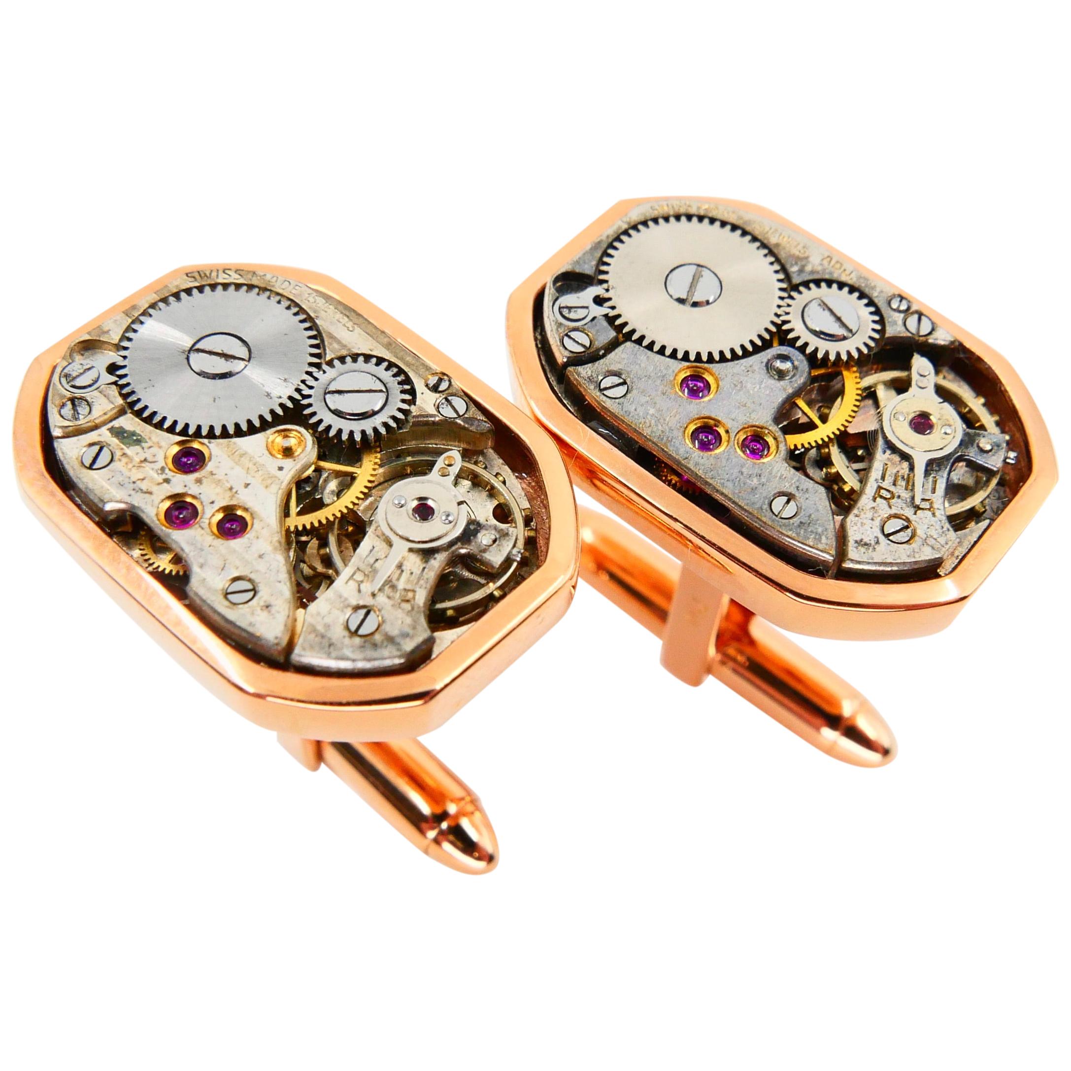 Men's Solid 18 Karat Gold Octagonal Cufflinks with Mechanical Watch Movements For Sale