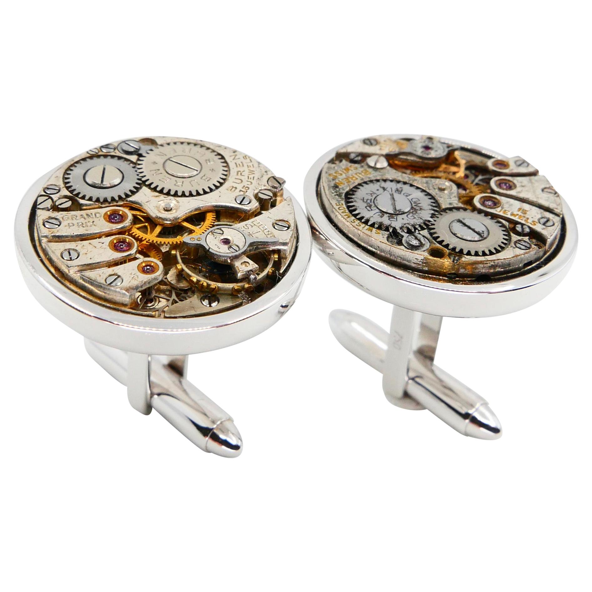 Men's Solid 18 Karat White Gold Round Cufflinks with Mechanical Watch Movements For Sale