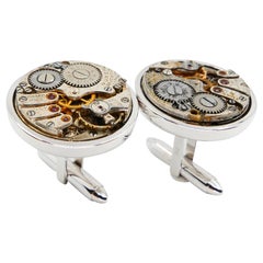 Used Men's Solid 18 Karat White Gold Round Cufflinks with Mechanical Watch Movements