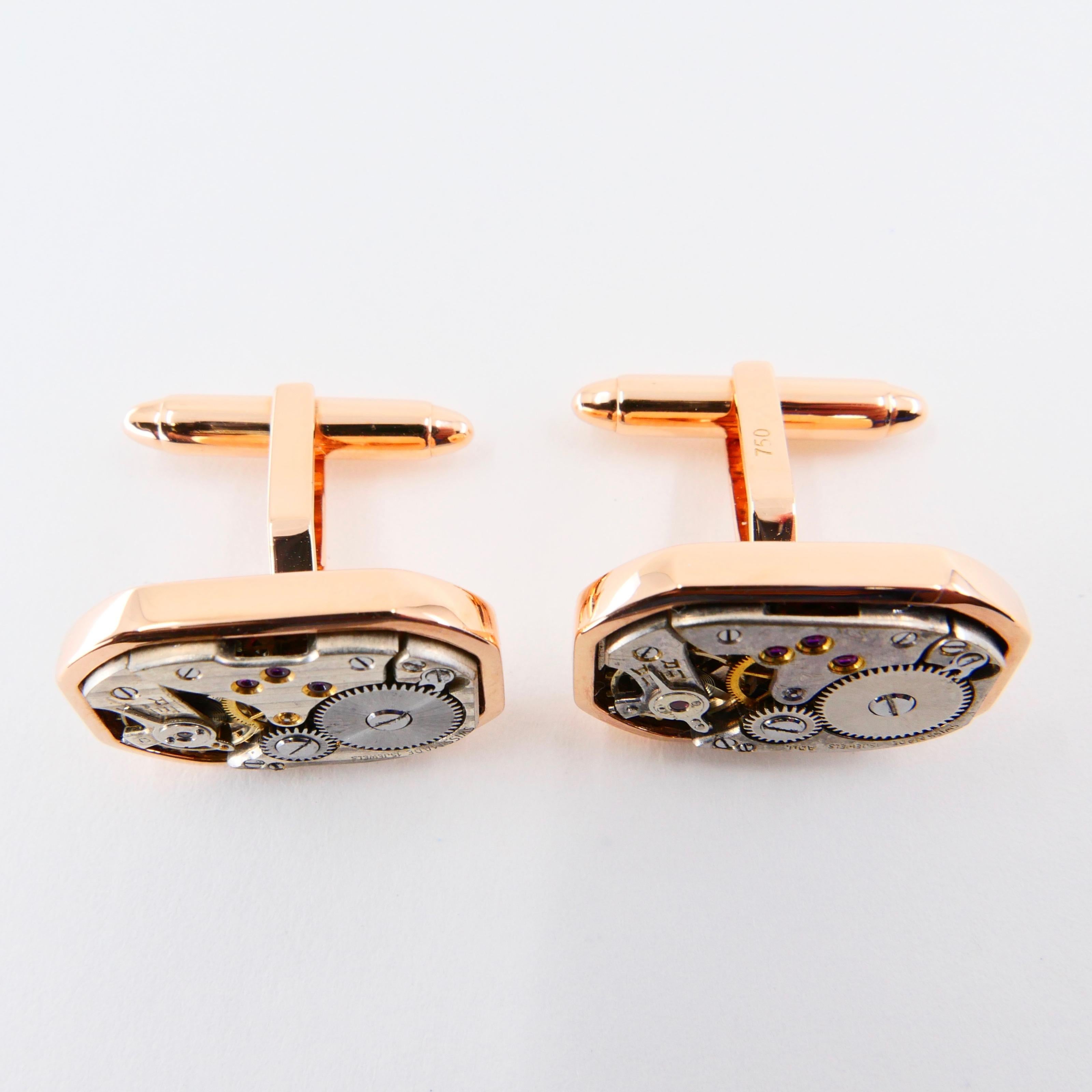 Men's Solid 18 Karat Gold Octagonal Cufflinks with Mechanical Watch Movements For Sale 8