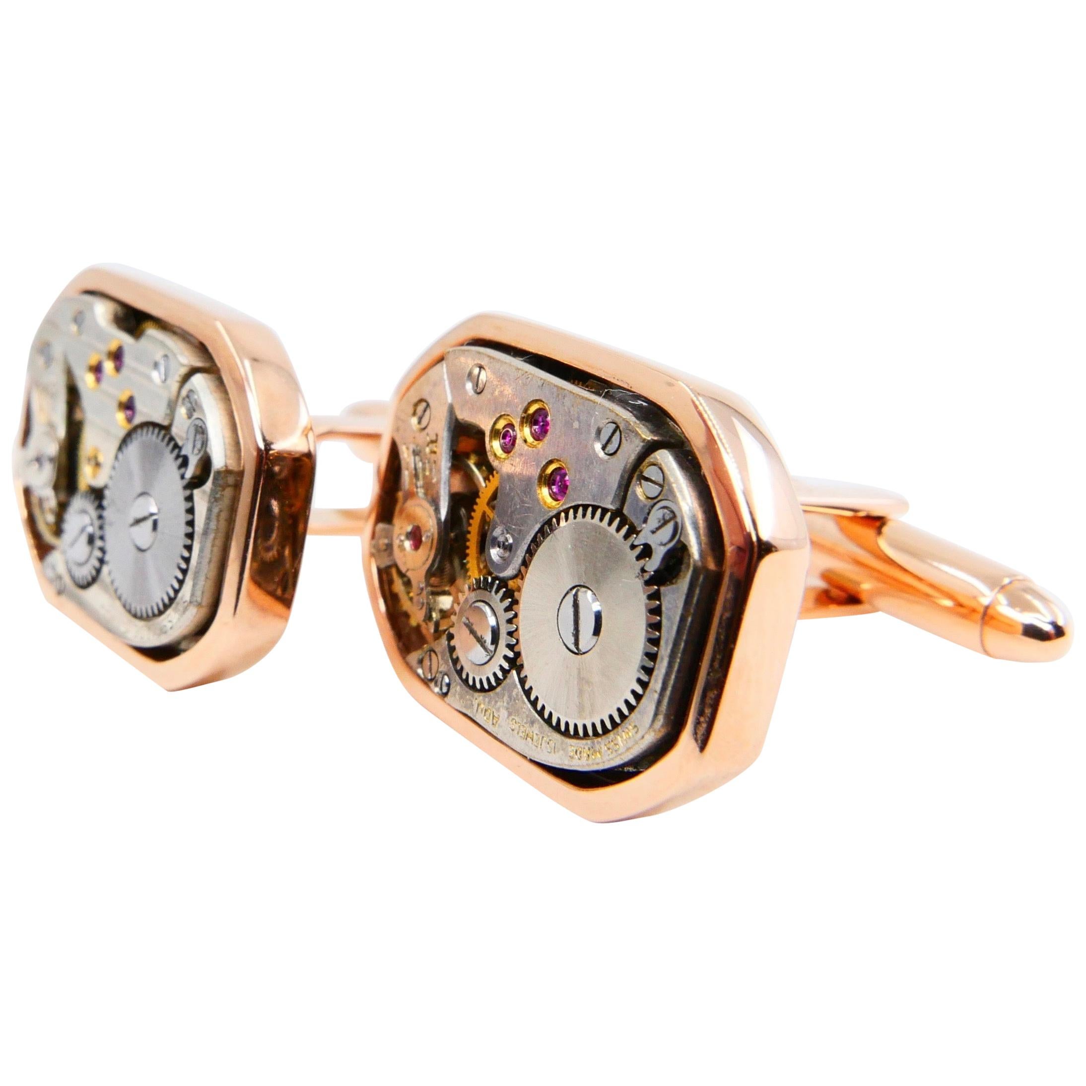 Men's Solid 18 Karat Gold Octagonal Cufflinks with Mechanical Watch Movements In New Condition For Sale In Hong Kong, HK