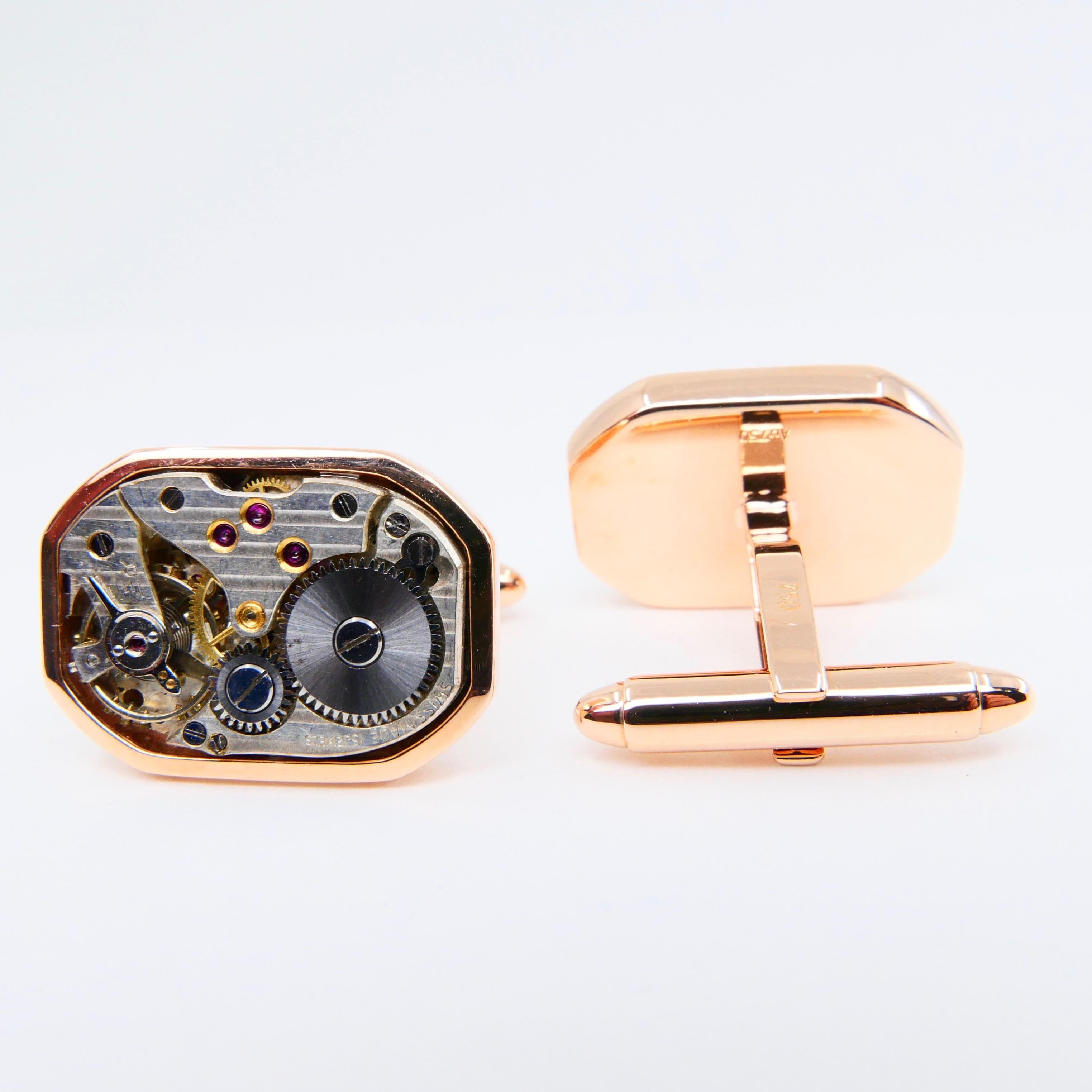 Men's Solid 18 Karat Gold Octagonal Cufflinks with Mechanical Watch Movements For Sale 5