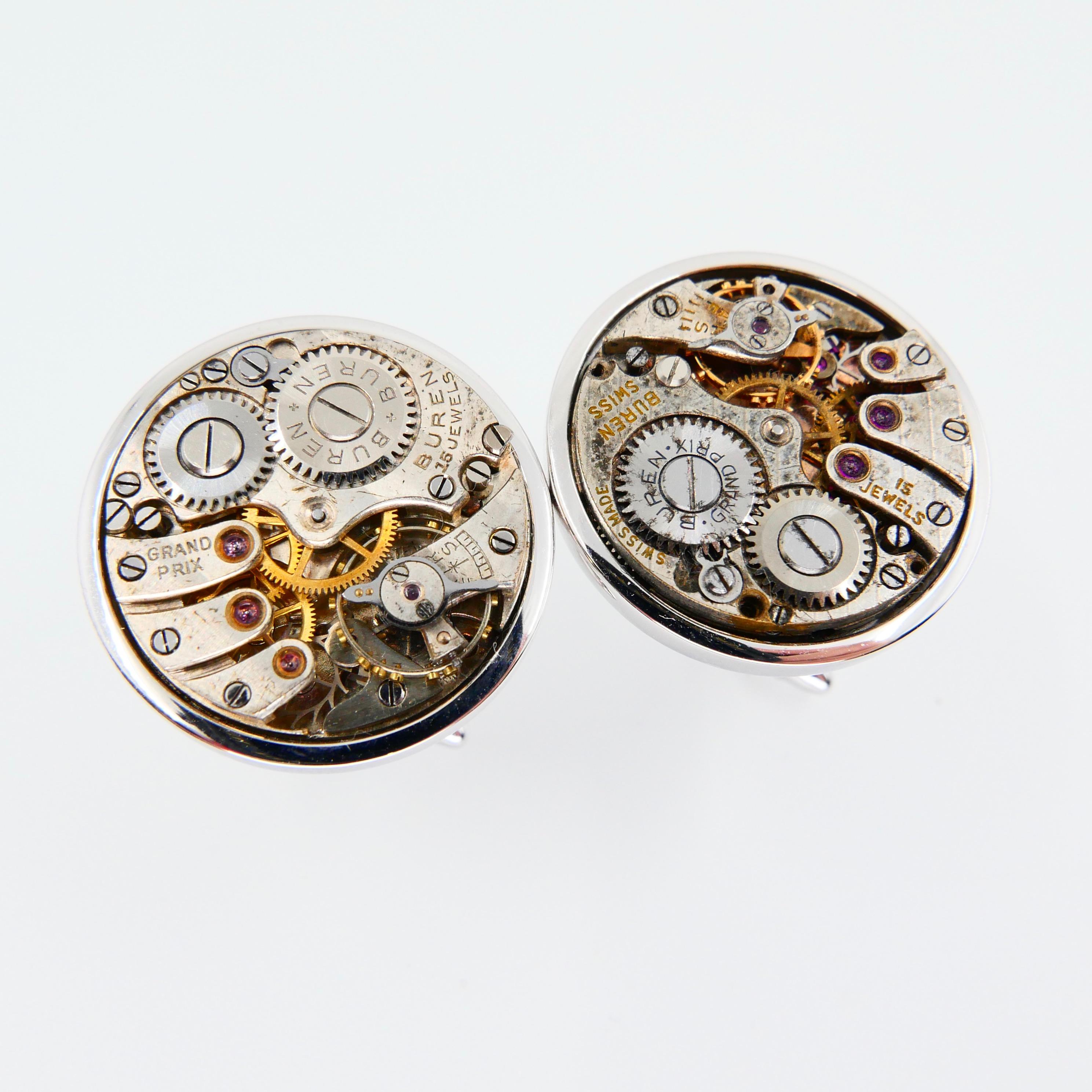 Men's Solid 18 Karat White Gold Round Cufflinks with Mechanical Watch Movements For Sale 8