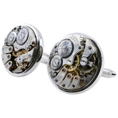 Men's Solid 18 Karat White Gold Round Cufflinks with Mechanical Watch Movements