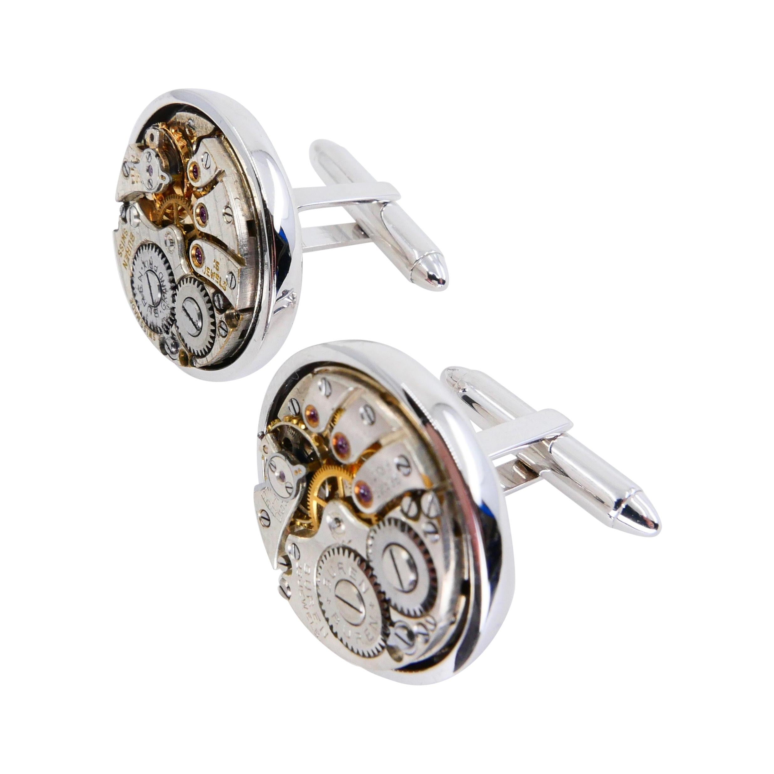 Men's Solid 18 Karat White Gold Round Cufflinks with Mechanical Watch Movements In New Condition For Sale In Hong Kong, HK