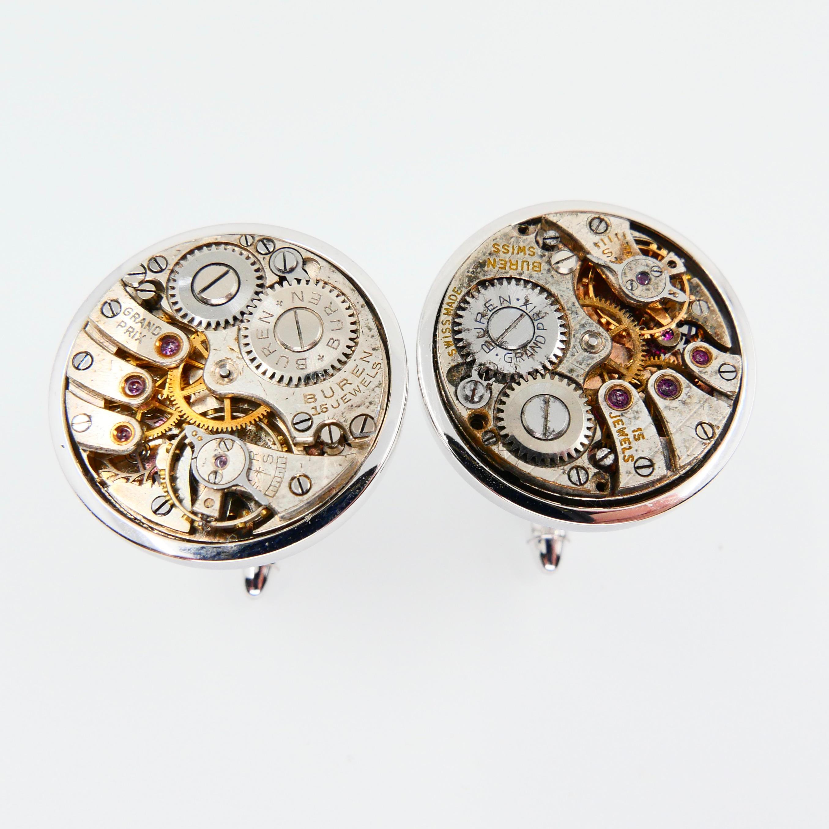 Men's Solid 18 Karat White Gold Round Cufflinks with Mechanical Watch Movements For Sale 5