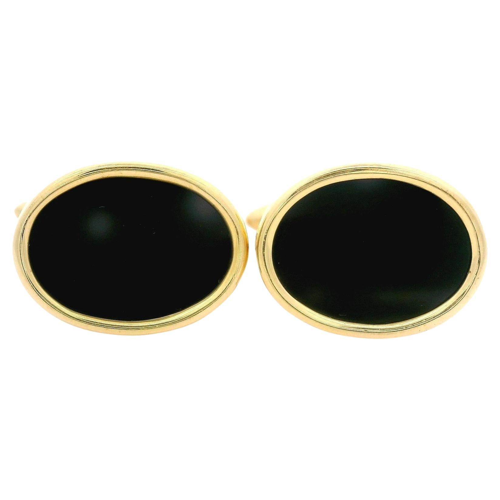 Men's Solid 18k Yellow Gold Oval Cut Bezel Set Black Onyx Cufflinks