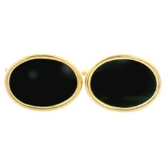 Men's Solid 18k Yellow Gold Oval Cut Bezel Set Black Onyx Cufflinks