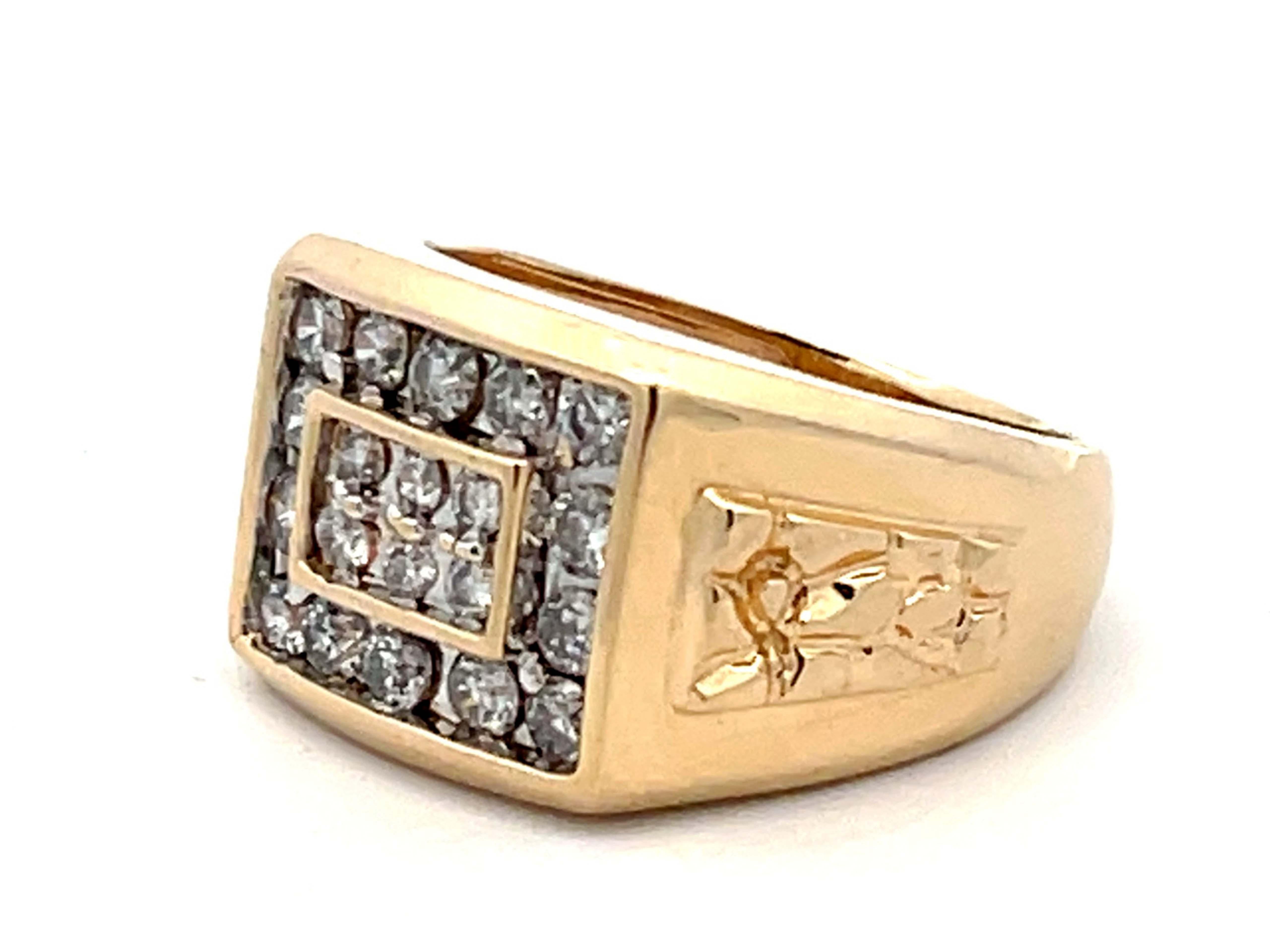 Quadratischer Herren-Diamantring mit goldenen Nugget-Schultern aus 14 Karat Gelbgold im Zustand „Hervorragend“ im Angebot in Honolulu, HI