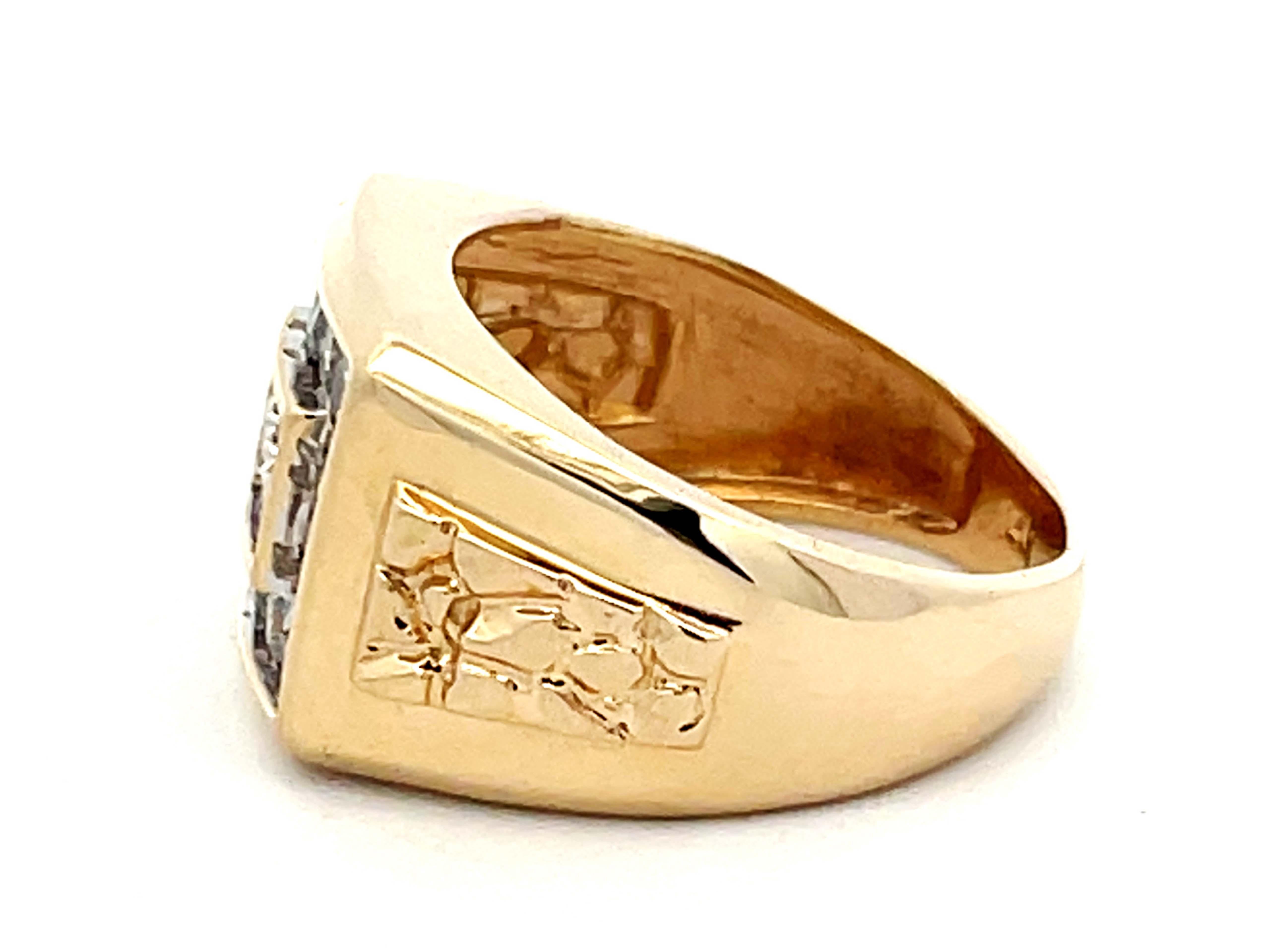 Brilliant Cut Mens Square Face Diamond Ring with Gold Nugget Shoulders in 14k Yellow Gold For Sale