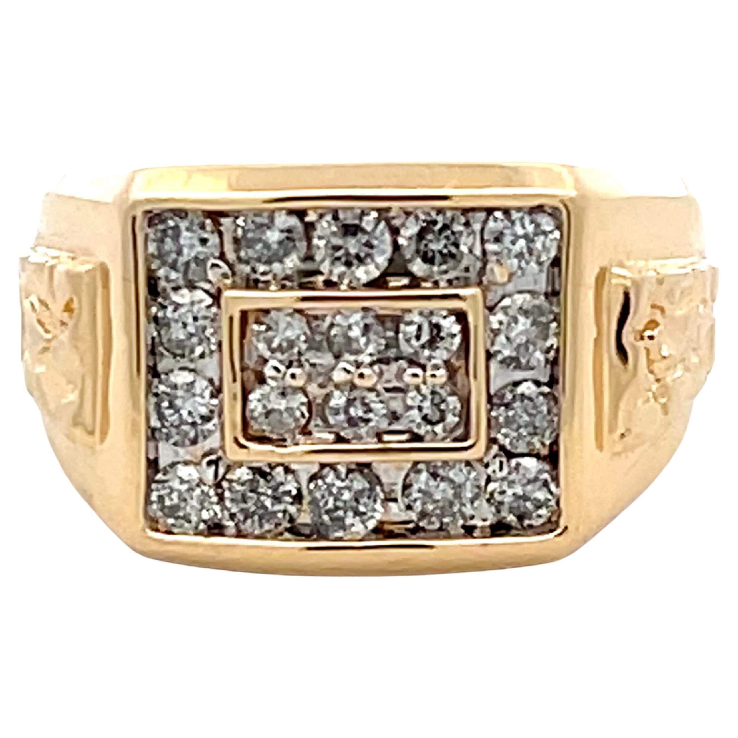 Mens Square Face Diamond Ring with Gold Nugget Shoulders in 14k Yellow Gold For Sale