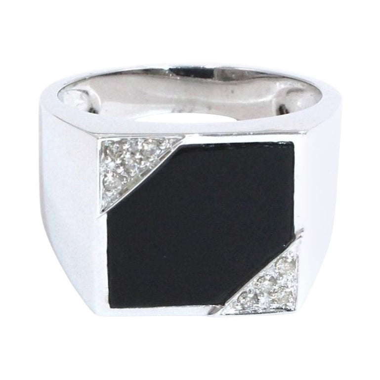 Men's Square Shape Black Onyx Ring with Diamonds in 14K White Gold