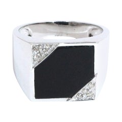 Men's Square Shape Black Onyx Ring with Diamonds in 14K White Gold