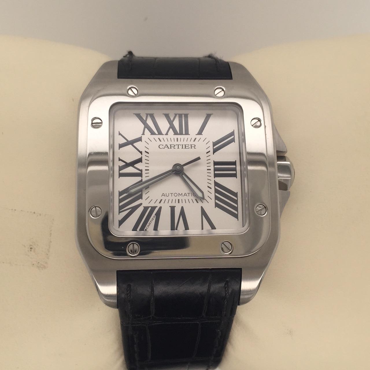 Cartier Santos 100 Mens stainless steel watch with a black leather strap. 35.6 mm case with synthetic sapphire crystal. 