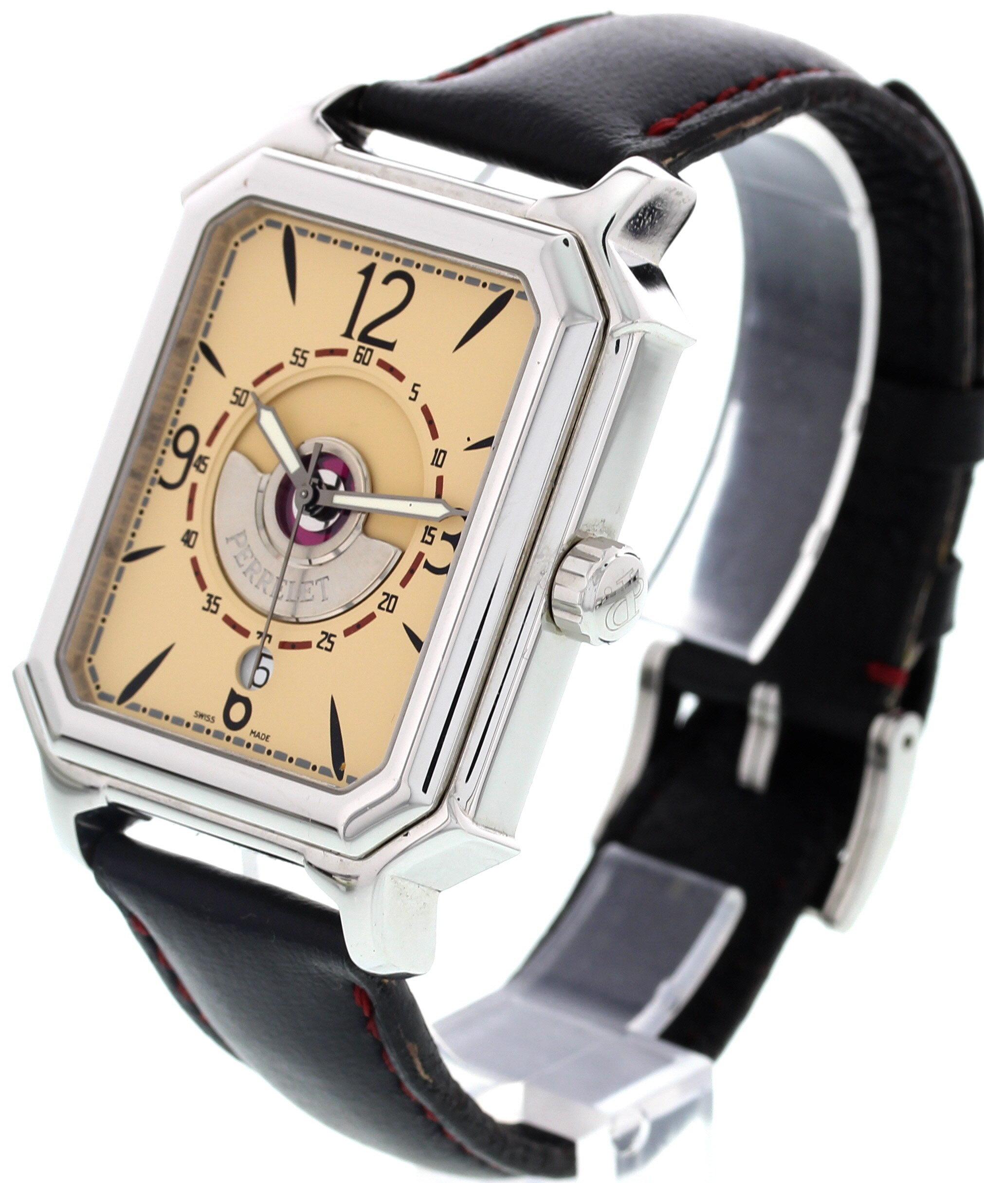 Rectangle 33.5 mm stainless steel case with a black leather strap. Peach dial with date display. Automatic movement.
