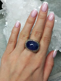 Large Tanzanite Silver Ring Dark Blue Large Cabochon Unisex
