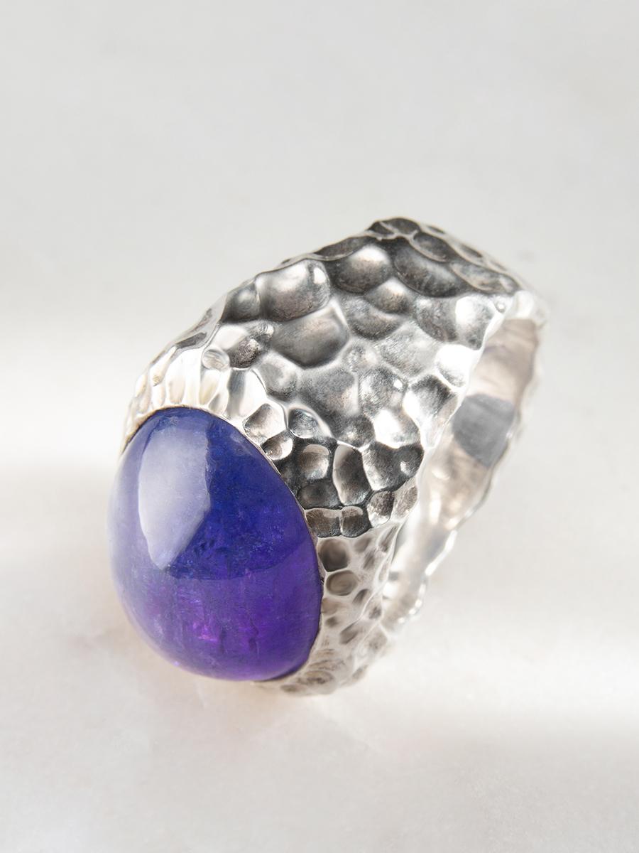 Large Tanzanite Silver Ring Dark Blue Large Cabochon Unisex For Sale 2