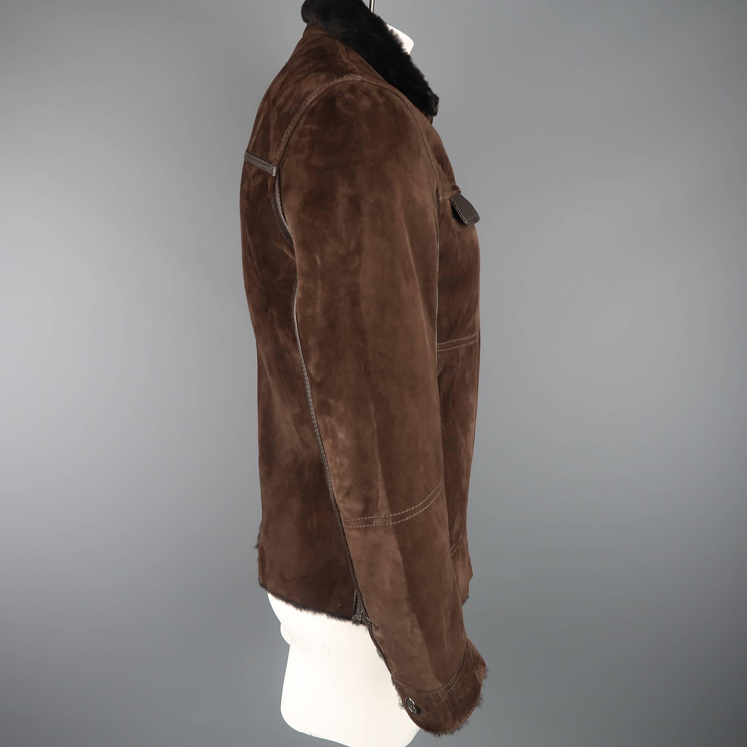 Theory Men's L Brown Suede Fur and Leather Shearling Zip Jacket In Good Condition In San Francisco, CA